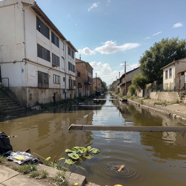 In this photo you can see a stream behind a factory. In the foreground of the photo you can see very dirty water due to the waste that comes from nearby industries.. It is evident that pollution is seriously affecting the quality of the water in this stream..
There are two people trying to clean the area, pero parece ser una tarea abrumadora dada la cantidad de desechos presentes.
A lo largo del arroyo, se puede ver basura y desechos flotando en el agua. The pollution is so serious that even a rabbit is seen drinking contaminated water and eating waste