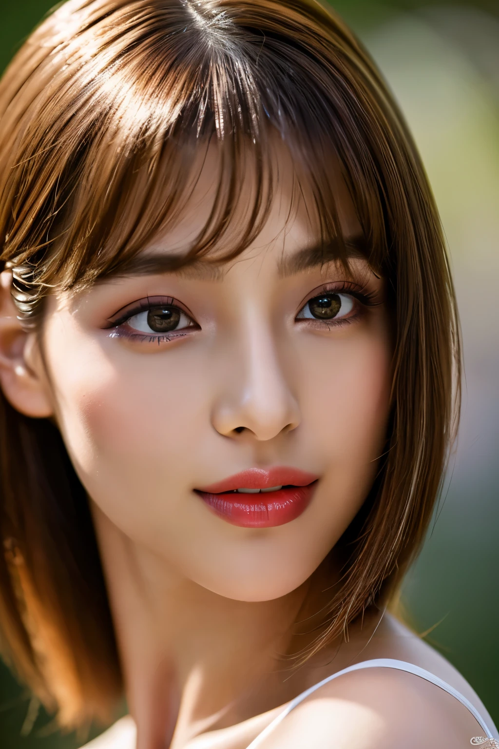 (highest quality、table top、8k、best image quality、Award-winning work)、(one young girl, 14 years old:1.3)、no sleeve, (red eyeshadow:1.2)、perfect makeup、long eyelashes、Super high-definition sparkling eyes、ultra high definition hair、ultra high resolution glossy lips、Super high resolution perfect teeth、Super high resolution cute face、brown hair、(very short straight hair:1.1)、look at me and smile、[clavicle]、accurate anatomy、(close up of face:1.5)、Luxury love hotel、(The most moody warm lighting:1.2)、blurred background、With bangs、Super high-resolution glossy and moisturized face、Super high resolutio n glowing skin、most detailed face、Ultra high resolution detailed faces、ultra high resolution hair、Fashion model 25 years old [[[[close-up]]], [[[[chest]]]], [[[[neck]]], [shoulders]]]]], Perfect eyes, Perfect iris, Perfect lips, Perfect teeth, Perfect skin, Soft front light, Glow, HDR, (Soft color: 1.2), Best quality, masterpiece, ultra high res, (photorealistic:1.37), raw photo, 1girl, long hair, beautifull eyes, beautifull face, detailed eyes and face, t-shirt, dynamic lighting, in the dark, table top, highest quality, realistic, Super detailed, finely, High resolution, 8k wallpaper, 1 beautiful woman, light brown messy hair, He is wearing an open-necked shirt., sharp focus, perfect dynamic composition, beautiful and detailed eyes, thin hair, Detailed realistic skin texture, smile, close-up portrait, model body shape, mile, close-up portrait, model body shape, body shape,cleavage, tropical beach, thin and long legs Translated with DeepL.com (free version)Top Quality, Masterpiece, (Realistic:1.2), 1 girl, detailed face, beautiful eyes, (Masterpiece:1.2, Top Quality), (fine beautiful eyes: 1. 2), (highly detailed Cg Unity 8K wallpaper, Masterpiece, Top Quality, super detailed, best shaSuper high resolution sparkling eyes、Beautiful face drawn in every detail、Super high resolution glossy red lips、big breasts、cleavage、Fashionable necklaces、camisole, ((masterpiece)), (ultra detailed