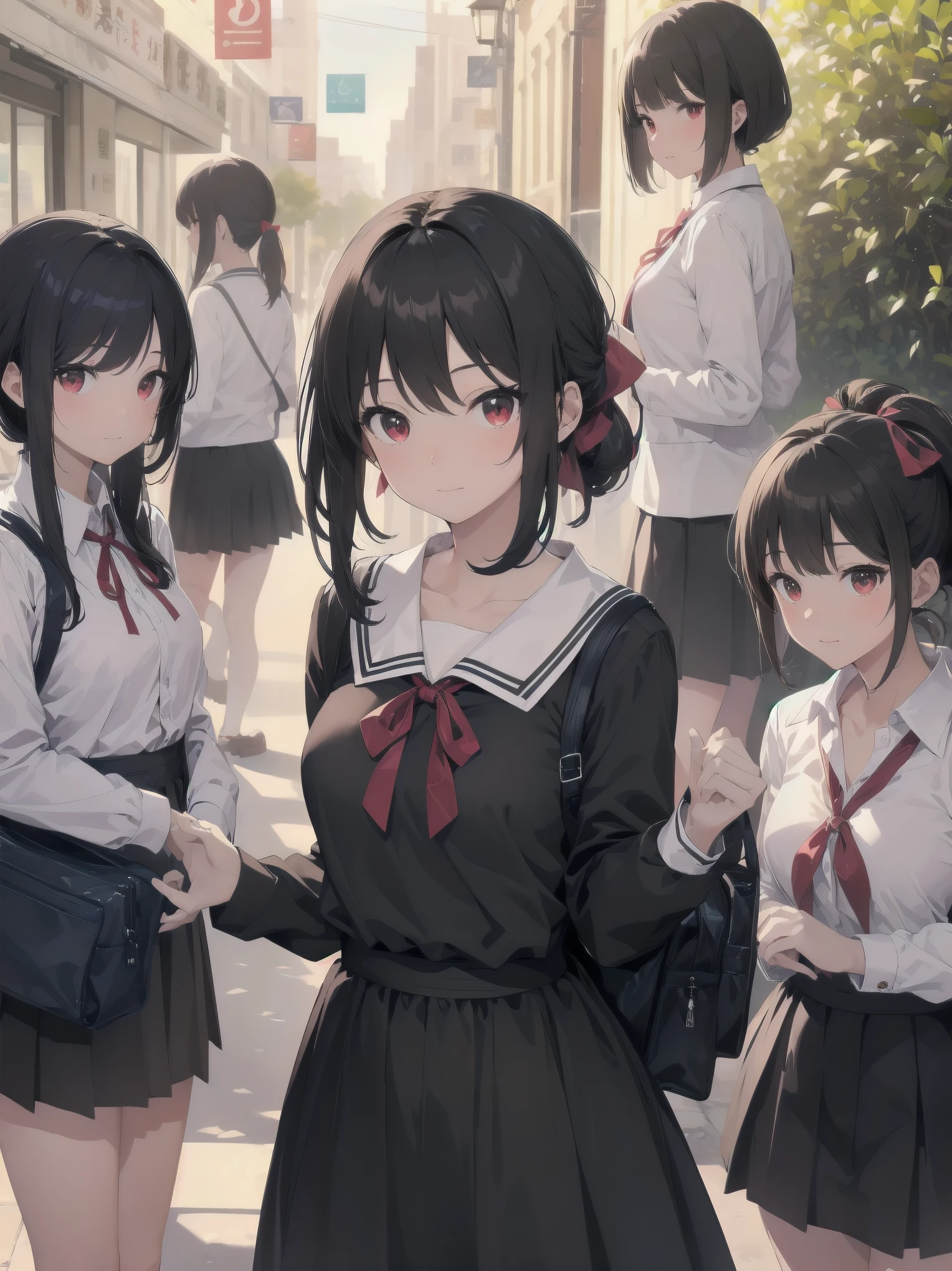 Masterpiece, top quality, super detailed, 16k, One girl, spring, high school, warm colors, school bag, accurate and highly detailed background, flock of schoolgirls in uniforms of various body shapes and hairstyles, cute. Blake. , red eyes, black hair, ribbon, red ribbon, hair ribbon, parted bangs, folded ponytail, , shuuchiin academy , dress, sidelocks, breasts, black dress, collarbone, short hair, long sleeves