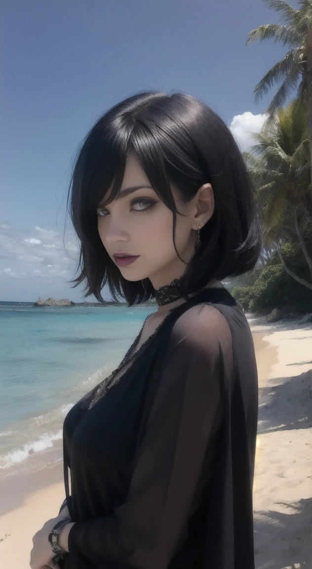 Dark hair, mature 60 year old Goth mother, beach,