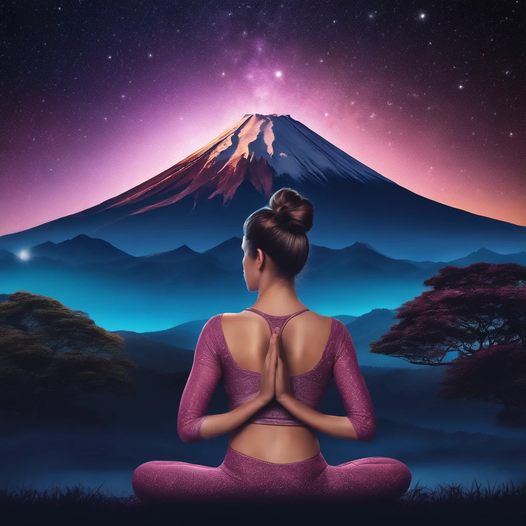 Monte Fuji com estrelas e mulher fazendo yoga em primeiro plano. high definition image, high detailing and dreamlike drawing style. cores neon, Imagem com pelo menos 300 dpi, HD