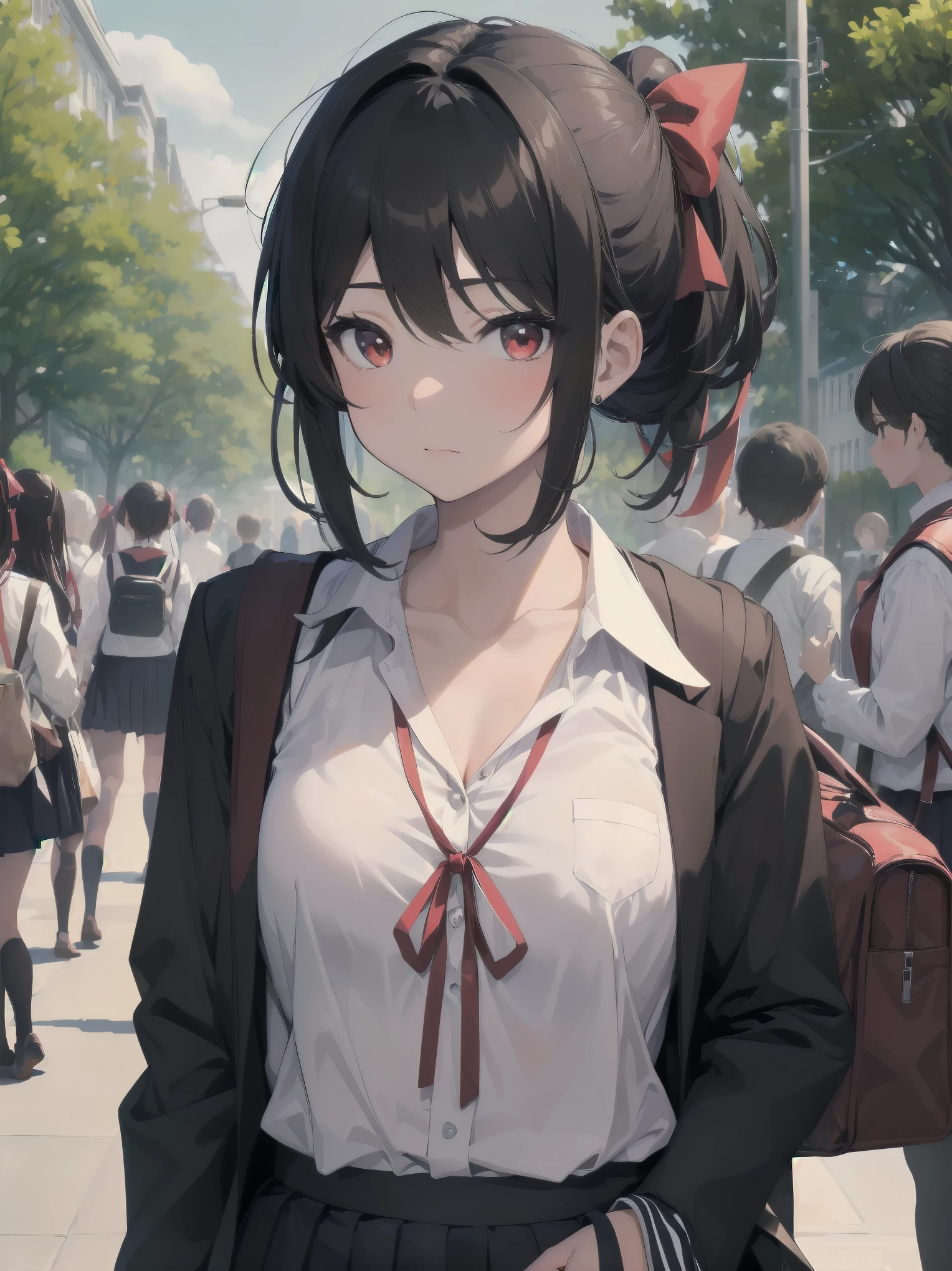 Masterpiece, top quality, super detailed, 16k, One girl, spring, high school, warm colors, school bag, accurate and highly detailed background, flock of schoolgirls in uniforms of various body shapes and hairstyles, cute. Blake. , red eyes, black hair, ribbon, red ribbon, hair ribbon, parted bangs, folded ponytail, , shuuchiin academy , dress, sidelocks, breasts, black dress, collarbone, short hair, long sleeves
