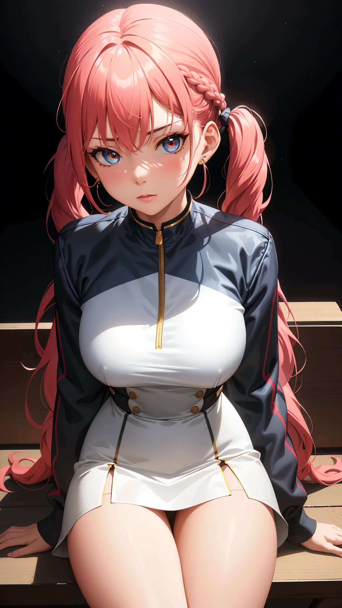 (best quality:1.5, highres, UHD, 4K, detailed lighting, shaders), sky blue braided twintails haired, gradient hair, large breasts,red suit, white T-shirt, white short skirt, mature woman , (pov), black background, colorful eyeshadow, dramatic lighting, sparkling eyes, sensual expression, golden earrings, braided twintails hair, delicate facial features, soft skin, high cheekbones, urban setting, black background, dont look for the camera, sitting on a chair upside down,  behind  the camera