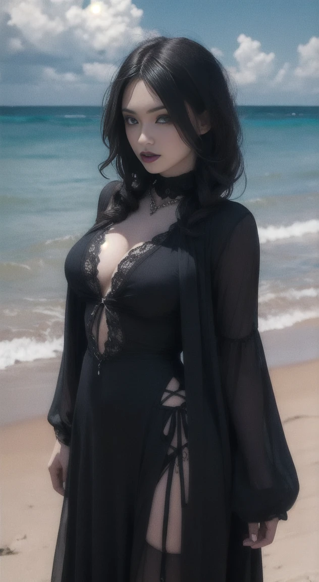 Dark hair, Goth mother, beach,