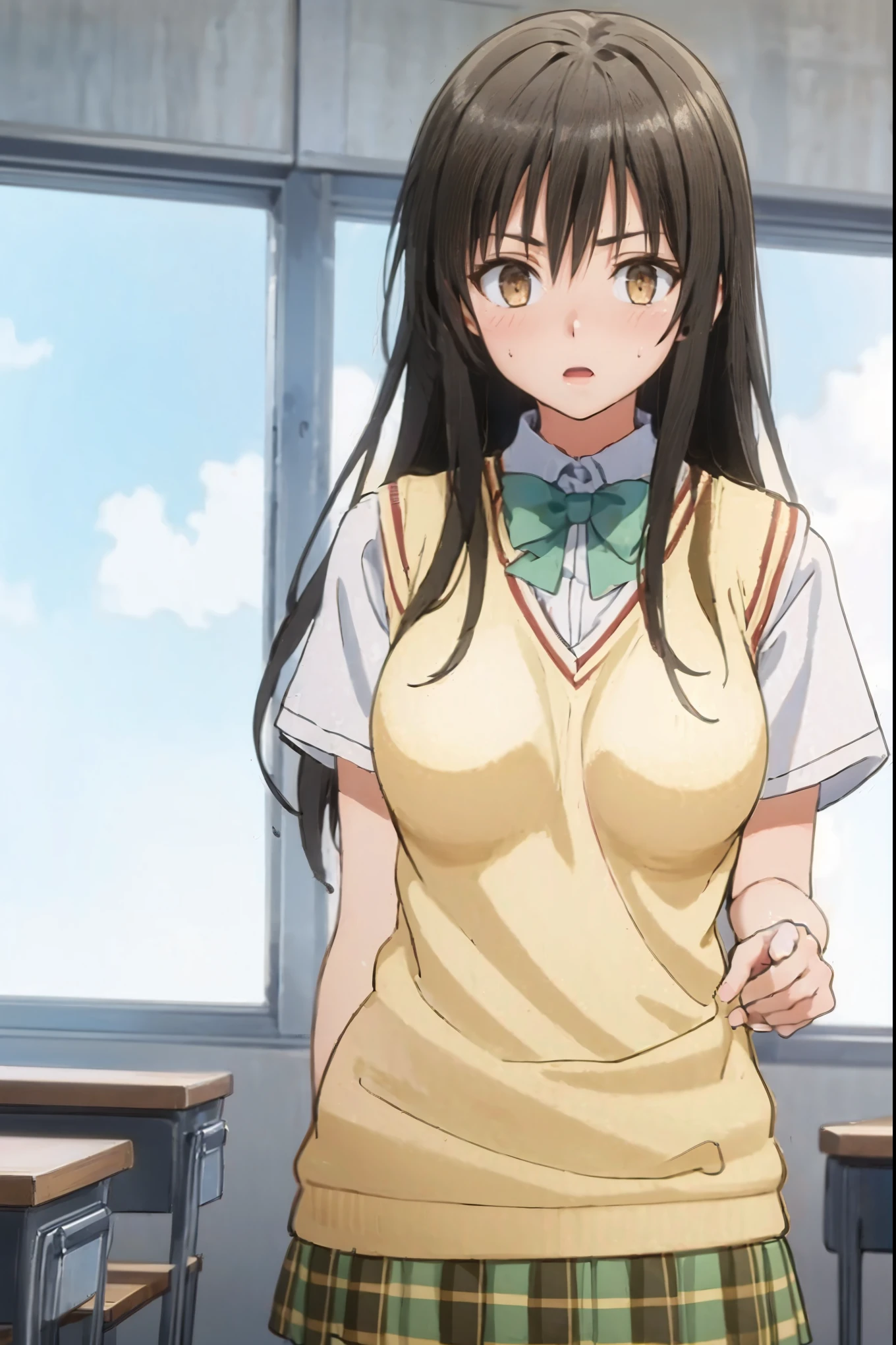One Girl, Yui Kotegawa, yui kotegawa, black hair, (brown eyes:1.5), long hair,(masterpiece, best quality:1.2),illustration,8k,hd,1girl,solo,upper body,(portrait:1.2),blush,open mouth,shy,black hair,brown eyes,long hair,bangs,hair between eyes,,bow,breasts,sweater vest,green skirt,socks,kneehighs,short sleeves,plaid skirt,pleated skirt,