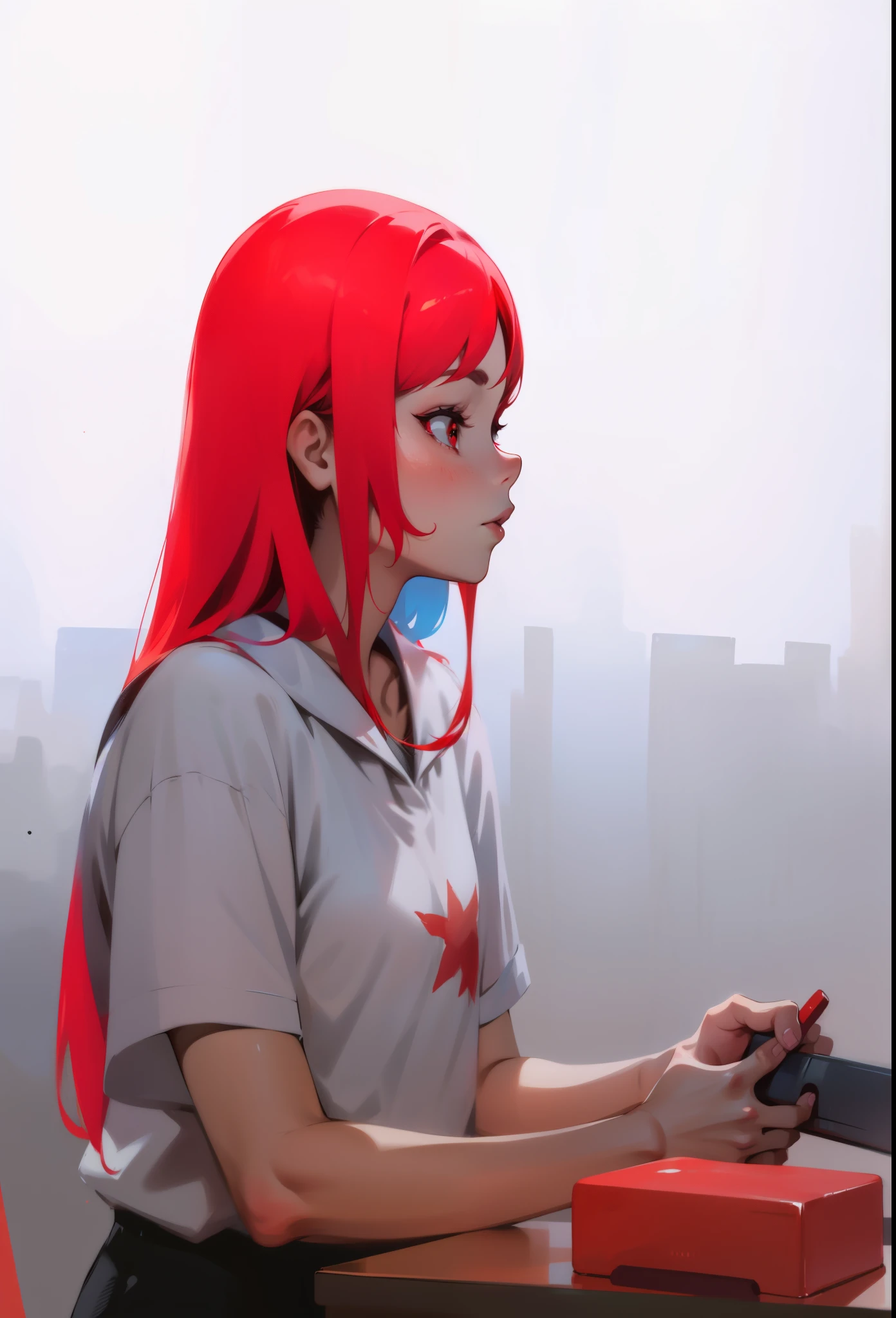girl with red hair, red eyes, 16 years old