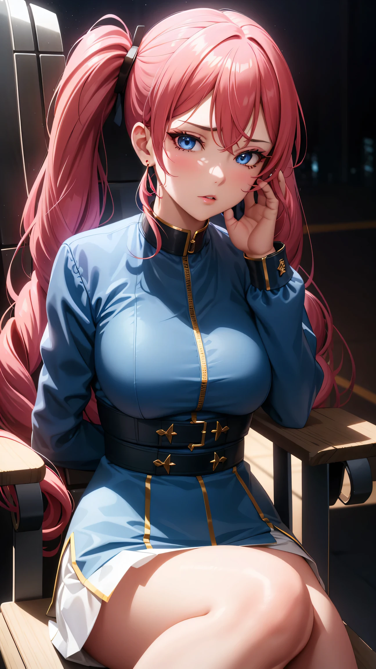 (best quality:1.5, highres, UHD, 4K, detailed lighting, shaders), gold braided twintails haired, gradient hair, large breasts, suit, T-shirt, social shirt, short skirt, mature woman , (pov), black background, colorful eyeshadow, dramatic lighting, sparkling eyes, sensual expression, golden earrings, braided twintails hair, delicate facial features, soft skin, high cheekbones, urban setting, black background, dont look for the camera, sitting on a chair upside down,  behind  the camera