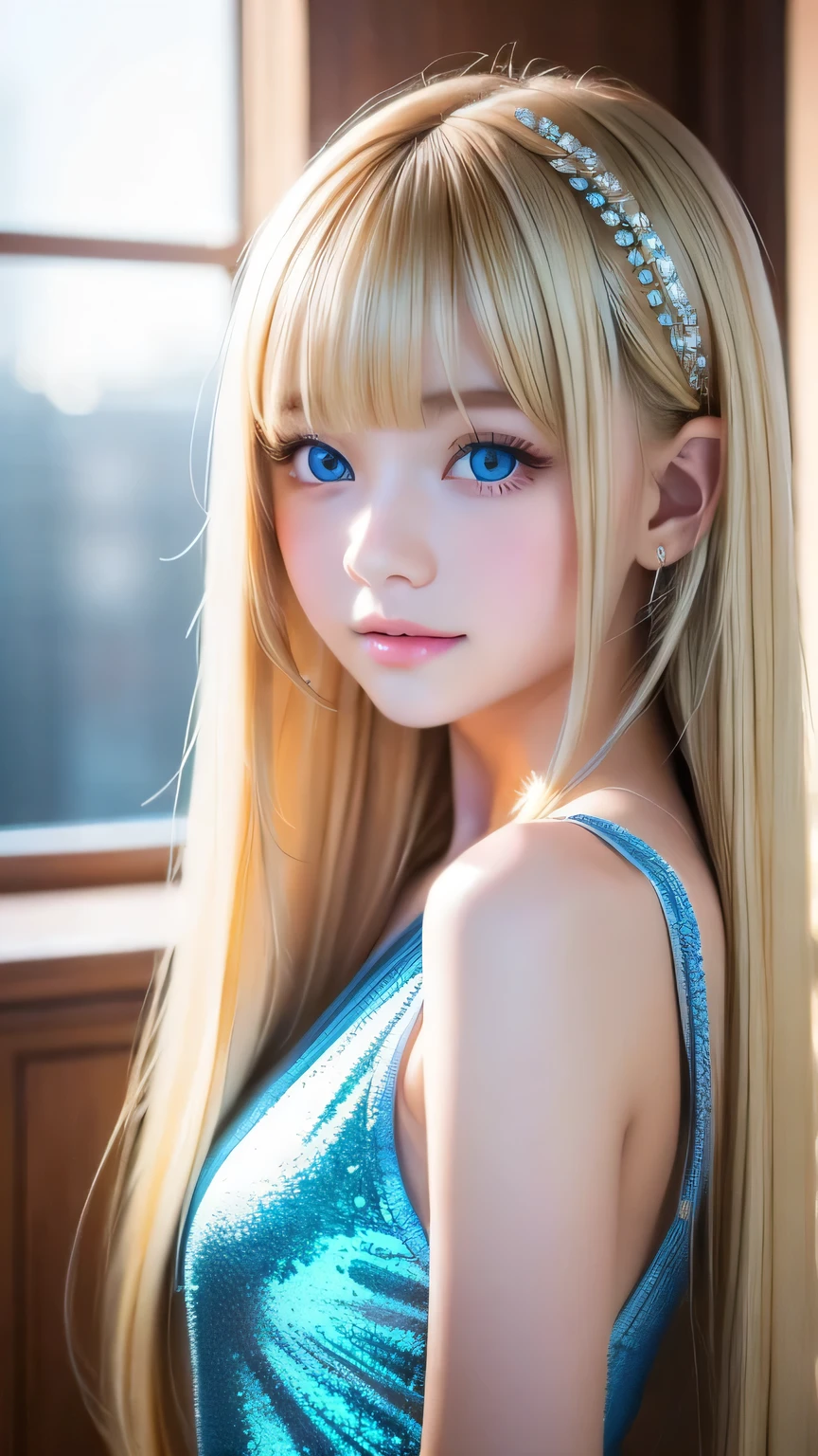 Sexy 17 year old with dazzling shiny blonde hair、The cutest little beautiful face in the world、Sparkling bangs dancing in front of her pretty face、Long, silky bangs that cover the eyes、Large, clear, bright blue eyes、Super long straight hair、Cute young woman with super long blonde shiny light hair