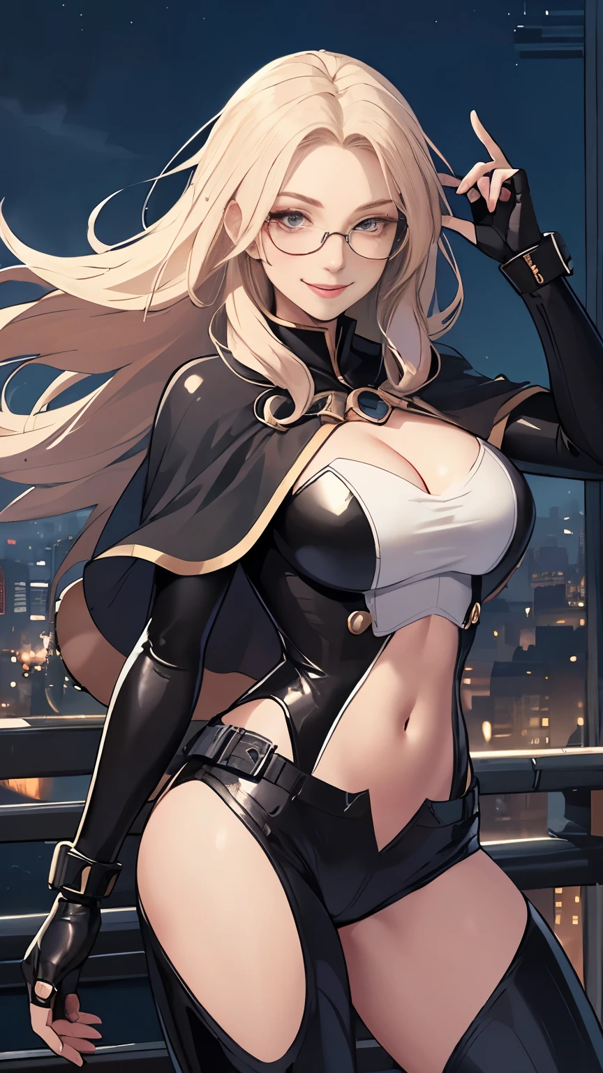 (Highly quality, masterpiece, detailed), night city detailed scenario, night city detailed background, 20 years old girl, solo, goggles, glasses, bodysuit, cleavage, longhair, capelet, black and white leather pants, crop top, sleeve, smile, navel, perfect face, beautiful eyes, perfect eyes, looking at the viewer, Sexy pose