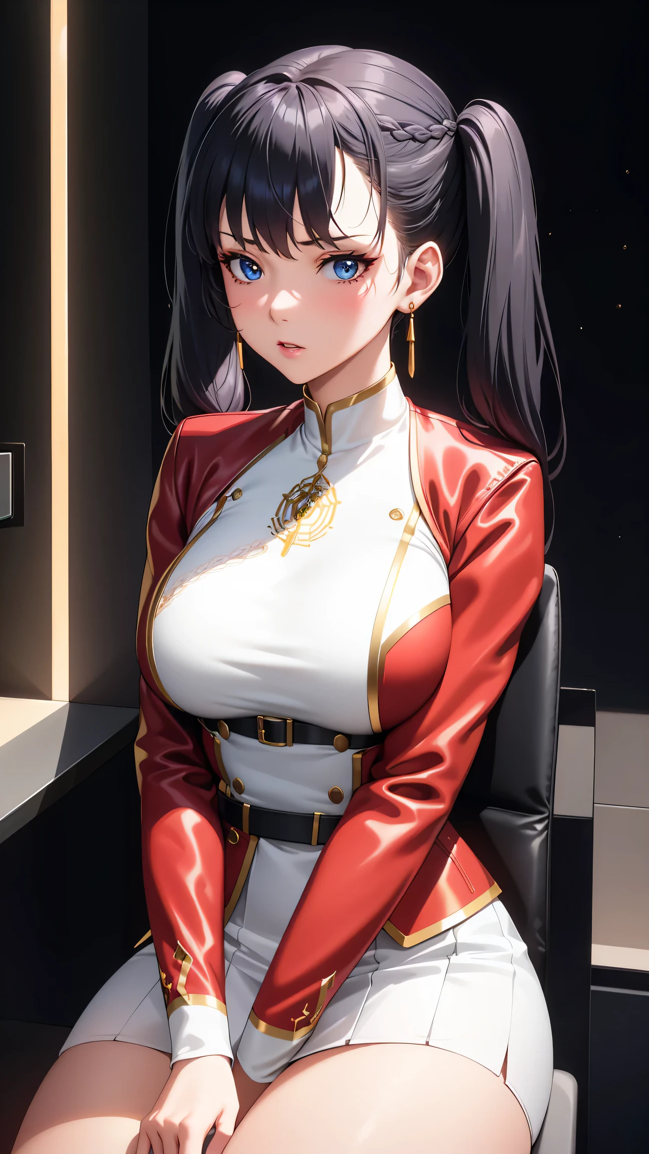 (best quality:1.5, highres, UHD, 4K, detailed lighting, shaders), sky blue braided twintails haired, gradient hair, large breasts,red suit, white T-shirt, white short skirt, mature woman , (pov), black background, colorful eyeshadow, dramatic lighting, sparkling eyes, sensual expression, golden earrings, braided twintails hair, delicate facial features, soft skin, high cheekbones, urban setting, black background, dont look for the camera, sitting on a chair upside down, behind the camera