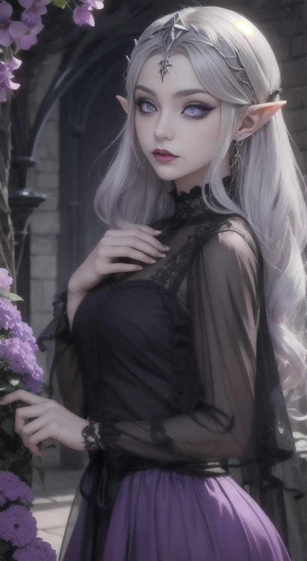 Silver hair, violet eyes, Goth Princess Zelda, black rose garden,