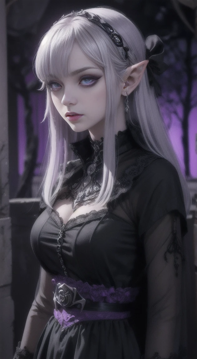 Silver hair, violet eyes, Goth Princess Zelda, black rose garden,
