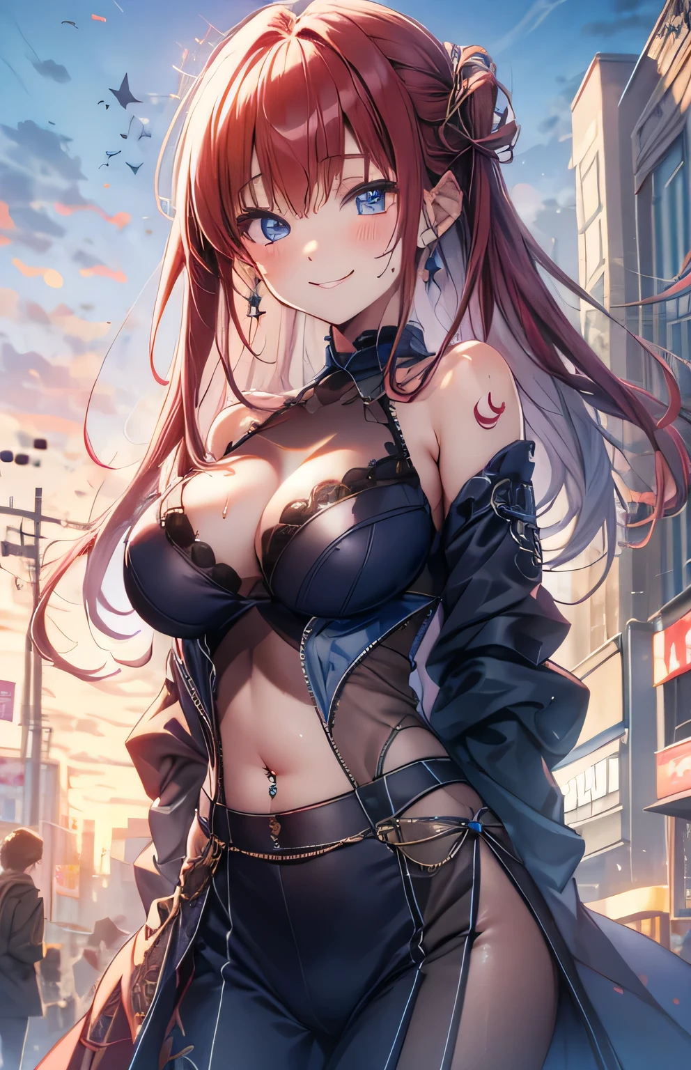 Anime illustration、highest quality、Short high school girl、first round、Belly button piercing、Tube top、Perfect proportions、Shopping mall、Clear skies、overwhelmingly big breasts、Beautiful, shining eyes、Cowboy Shot、smile、Excessive sweating、Noise Reduction