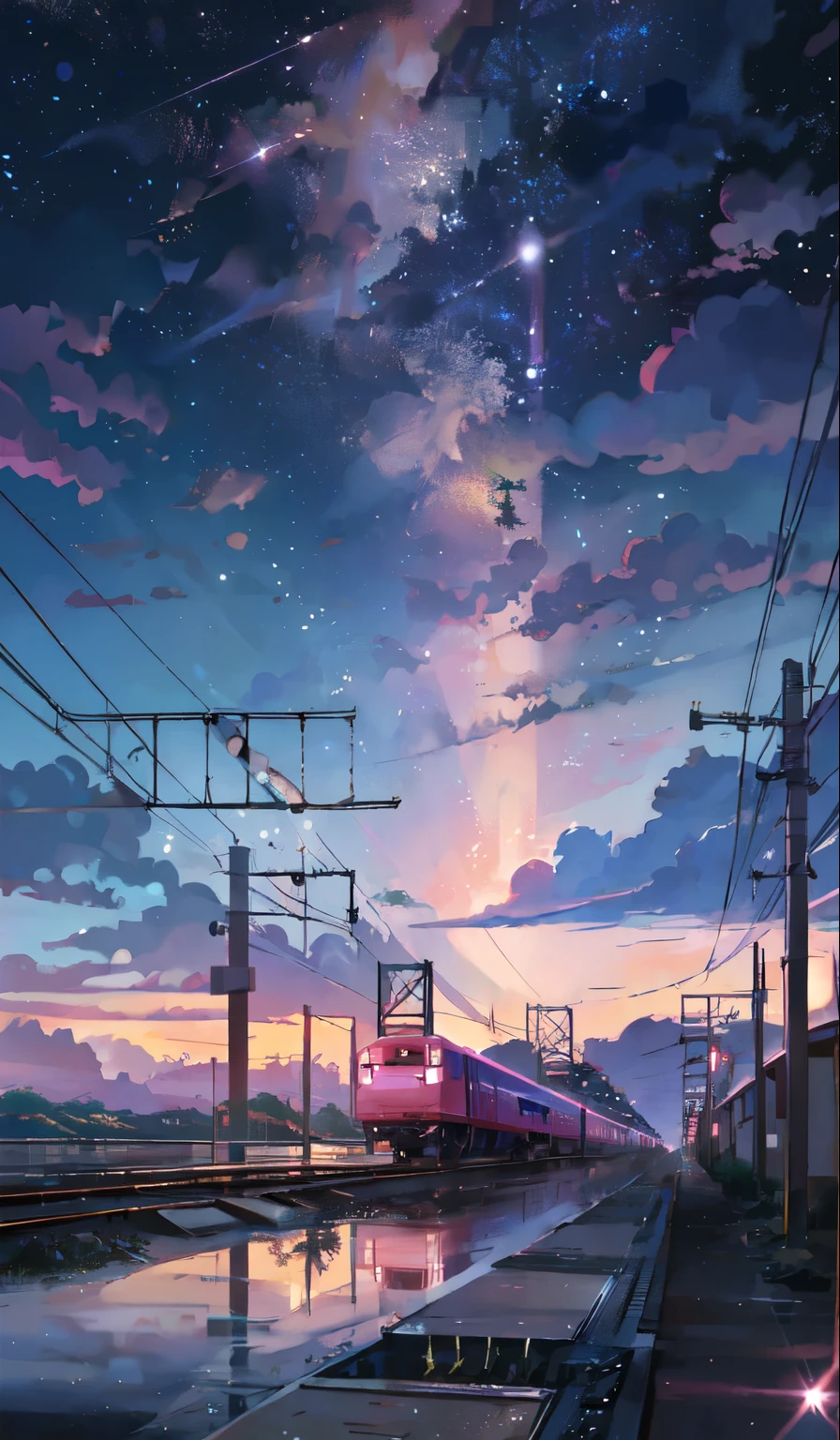 Cartoon train crossing tracks with sky background, A beautiful and harmonious scene, Exquisite animations, Rich details (Width is 672), high quality, Vivid 4K, Artistic 4k wallpapers, Amazing anime scenery, 8k art wallpaper.