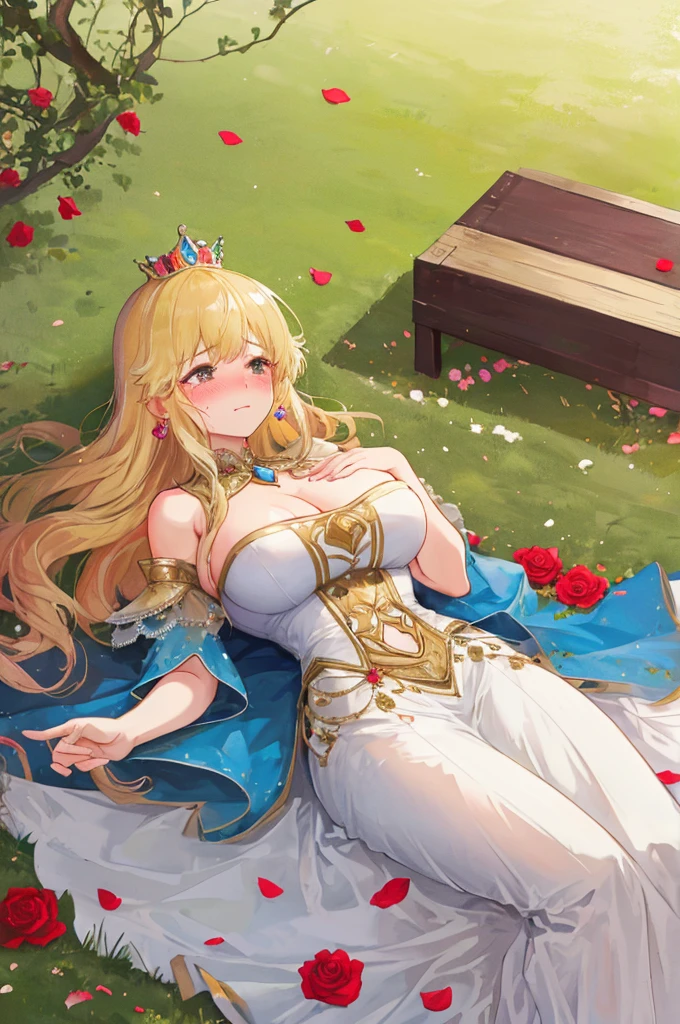 A woman with big ，Gorgeous woman，((Princess))，((30 years old))，Gorgeous Rococo dress，Long blond hair，Protruding lower chest，Exquisite，respite，pant，Tears，blush，lying on the grass，Rose petals scattered around，