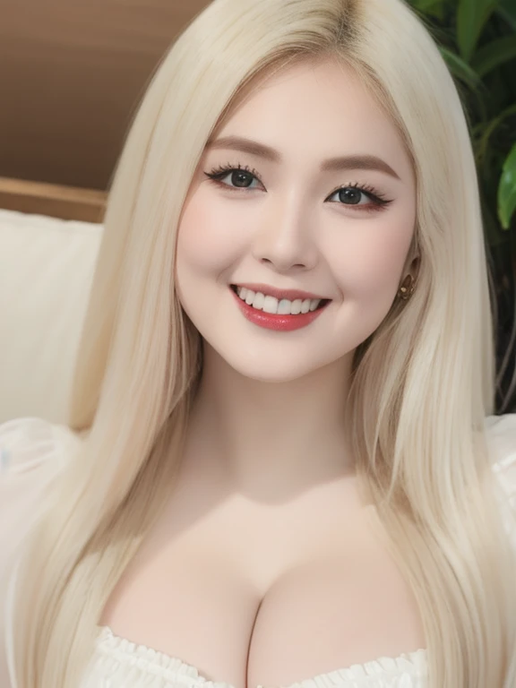 (realistic、masterpiece、Best Quality、8K、highres、high resolution:1.3)、1 girl、 Huge breasts、smile, white bikini、pale white skin、looking at viewers、super fine face and eyes、long blonde hair、indoor、 upper body、