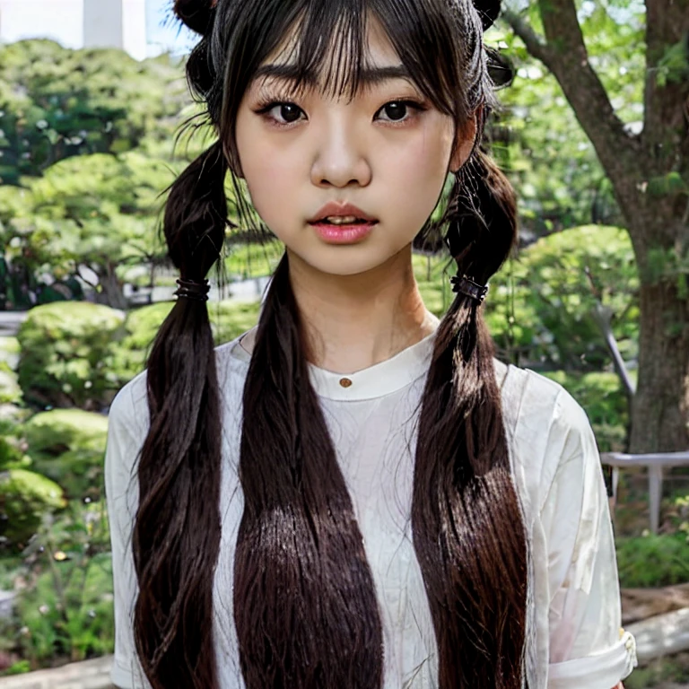 (masterpiece, best quality:1.2), 1girl, solo, A very realistic 18 year old Japanese woman with petite body, nubile body, long black hair with fringe and two loose adult pigtails, sweet and angelic face, thin and upturned nose, highly detailed light brown eyes, long eyelashes, highly detailed lips, thin beautiful lips, Jennie Kim, perfect lips, perfect mouth
