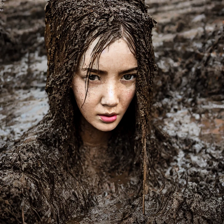 (masterpiece, best quality:1.2), 1girl, solo [cute | young [13 years old, flat chest, androgyne chest] standing in frozen Mud chilling in a winter day only covert in mud and dirt,  nip slip, (detailed face), (skin pores), pale, tone mapped, (light freckles:0.8), Vogue, portrait,painting,a young girl in frozen mud and dirt,detailed eyes,detailed lips,cold winter,icy ground,frozen earth,elegant pose,natural lighting,vivid colors,muddy feet, bare feet, bare midriff. ,dirty hands,winter clothing. girl made form dirt. wet mud, cold, bare girl in the mud. very long wet hair