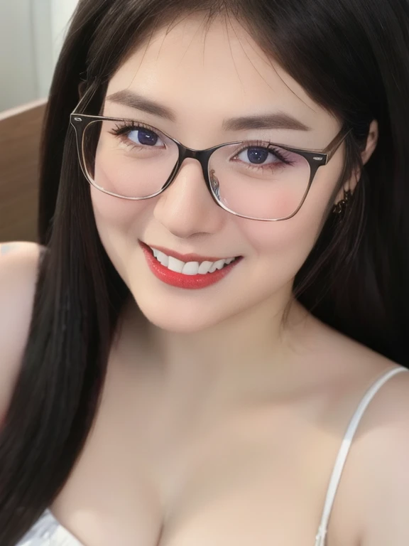 (realistic、masterpiece、Best Quality、8K、highres、high resolution:1.3)、1 glasses girl、 Huge breasts、smile, white bikini、pale white skin、looking at viewers、super fine face and eyes、long hair、indoor、 upper body、