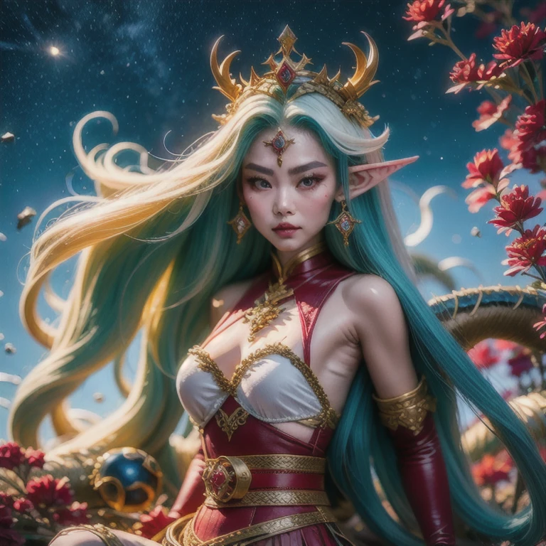 there is a mermaid with long hair and a crown on her head, portrait of mermaid warrior, the dragon girl portrait, beautiful and elegant elf queen, elf queen, mystical atlantean valkyrie, beautiful female gorgon,anime girl with long hair and red belt posing in front of a sky, beautiful digital artwork, 2. 5 d cgi anime fantasy artwork, trending on cgstation, 4k highly detailed digital art, cgsociety and fenghua zhong, digital fantasy art ), artwork in the style of guweiz, epic fantasy digital art style, white horns queen demon, portrait of an elf queen, elf princess, queen of winter, portrait of mermaid queen, portrait of very beautiful elf, sha xi, ((1 girl)), solo