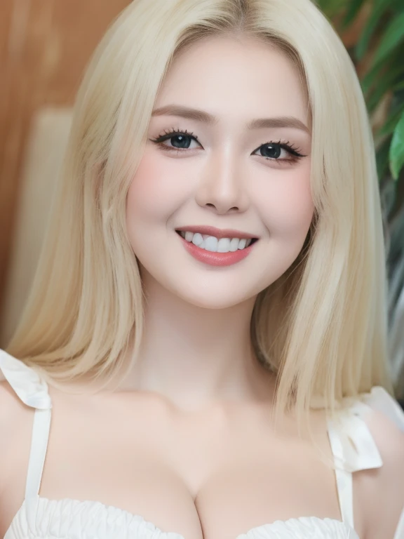 (realistic、masterpiece、Best Quality、8K、highres、white background, high resolution:1.3)、1 chubby girl:1.3)、smile, looking at viewers, black lace bikini、pale white skin、very blond hair ,very pale skin, extremely pale blonde hair, ivory pale skin, very white skin, pale skin, very pale white skin, very pale white skin,white skin and pale porcelain, white and pale skin, fair and pale skin!!, long blonde hair, looking at viewers、super fine face and eyes、long blonde hair、 ((full breasts:1.3)), indoor、 upper body、