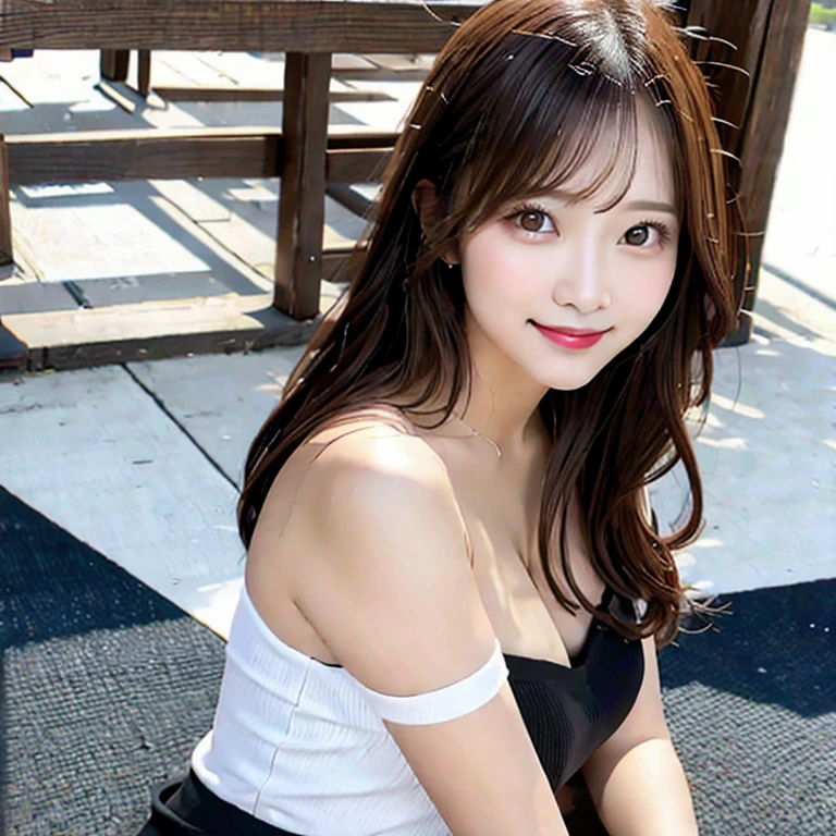 Tischplatte、Best quality、Illustration、 ultra-detailliert、high resolution、8K Wallpapers、perfekte dynamische Komposition,、Beautiful, detailliertes Eyeedium-Haar、(Nice big breasts:1.3)、natural lip color、Mutige sexy Posen、smile、Harajuku、20 years girl、Niedlich、Sexy Aufnahme beim Blick in die Kamera、(top quality: 1.3), (Meisterwerk: 1.3), (Super Detail: 1.3), (Hintergrund, A girl: 1.1)、(detailed hands and fingers:1.2)、(Detaillierte, ultrafettige, shiny skin:1.1)、oily shiny thigh、(Perfektes, beautiful black, Sleeveless sports top with spaghetti straps :1.4)、hotpans 、braune Haare、kurzes Haar、bouncy hair、Beautiful sister、(ein Park:1.2)、(Nice big breasts:1.2) 、((lay on your back)),Arme heben, complete body on the photo