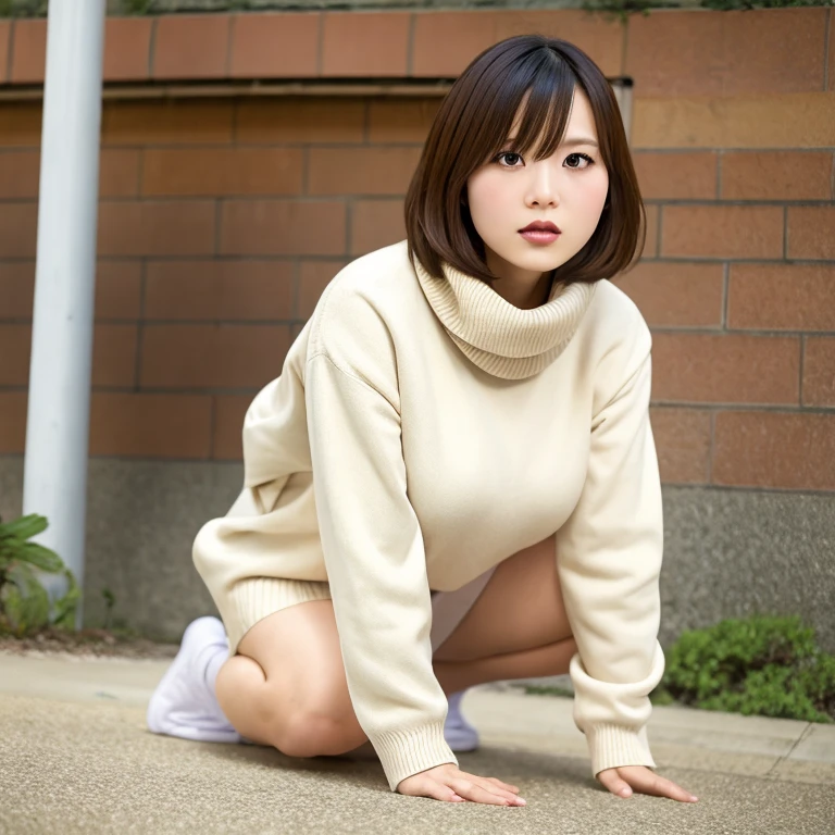 ((best quality)), ((masterpiece)),(photorealistic:1.4),finely detail, (1girl),(solo),model,(realistic full body image),(front image),(kneeling down with legs open),looking at the camera,big eyesdroopy eyes with double,eyelids,beautiful Japanese woman,Jpanese schoolgirl,beautiful and white skin,full body,white school uniform,thin white turtleneck knit dresssquat,school-designated long socks