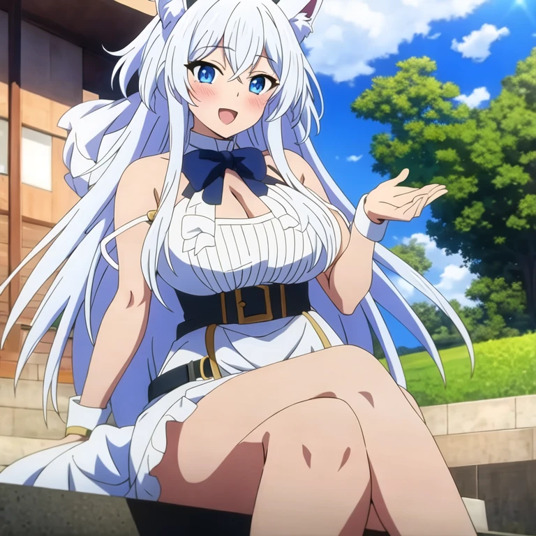 ((Masterpiece, highest quality: 1.2), detailed image, anime character, one girl, blue eyes, rich breasts, white dress, belt with black ribbon, white animal ears, long white hair