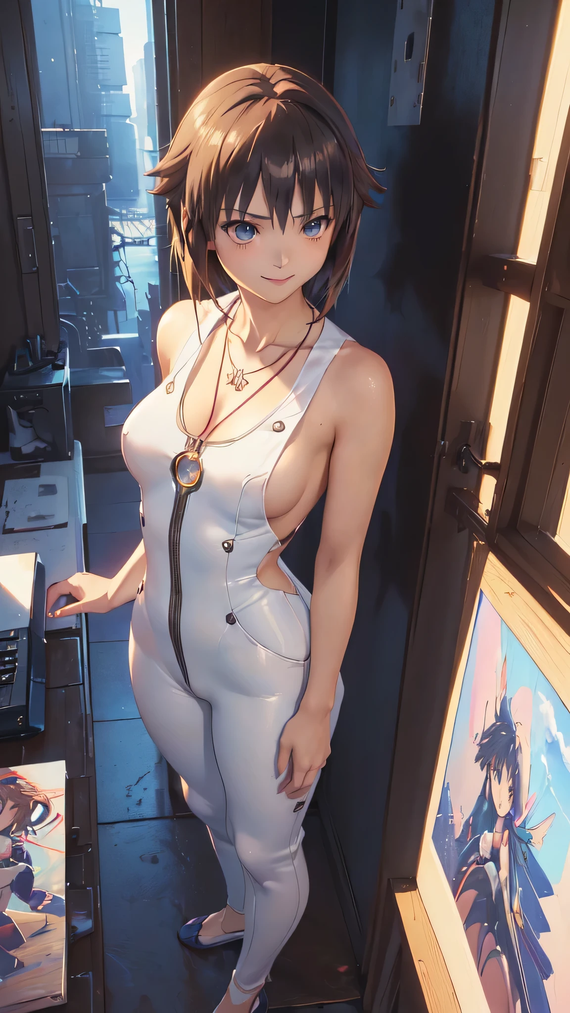 ((Final Fantasy (Yuna), (young girl, , full body, naked body, dark hair, light skin, scarlet lips, smile; black, expressive playful eyes, long eyelashes)). ((Anime girl with brown hair hair and white dress with necklace, beautiful character painting, soft anime computer graphics, realistic anime art, beautiful anime woman, Cyberpunk, futurism, tight jumpsuit, anime girl rendering, Makoto Shinkai and Artgerm, realistic 3D anime style, anime realism style, digital art in anime style, beautiful anime girl)), (style, very beautiful young girl)). ((High quality, masterpiece)).very sexy, 75 % nsfw, 60% nude