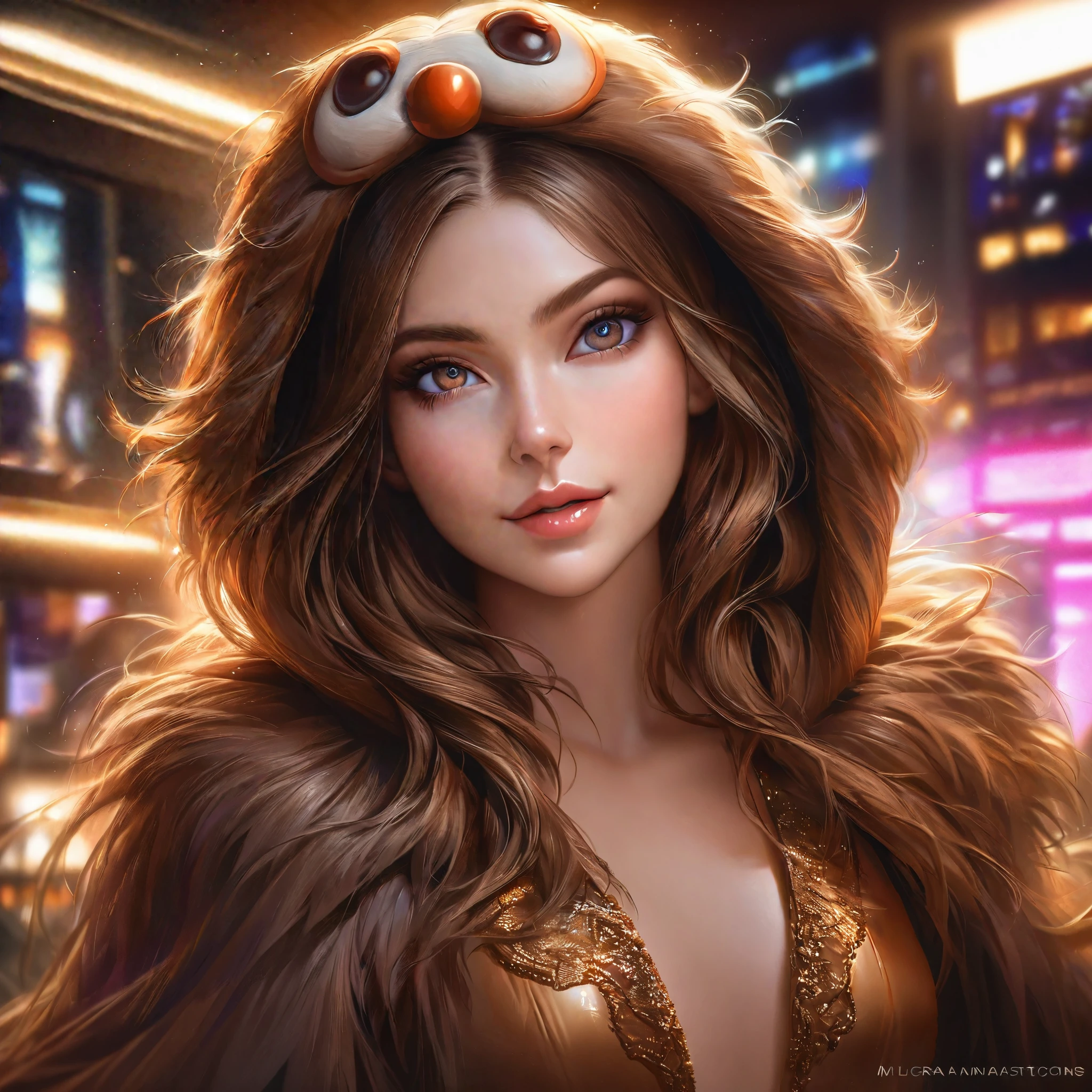 (best quality, highres, ultra-detailed, realistic:1.37), (photography, portraits), (colorful, vibrant), (dramatic lighting)
(Medium: photo-realistic painting)
Milana Aleksandrovna Vayntrub, age 25, dressed in a sexy little monkey costume, beautifully detailed with flowing fur and playful expression. Her eyes sparkle mischievously and her lips pout teasingly. The costume perfectly fits her slender figure as she dances around, acting foolish and entertaining the audience. The monkey costume is made of soft, shiny fabric with intricate details, highlighting its realism. The fabric shimmers in various tones of brown and gold, capturing the light in a lively manner. Milana's movements are graceful and energetic, evoking a sense of joy and laughter. Her body language radiates confidence and charisma. Her mesmerizing performance attracts the attention of a handsome man nearby.
The handsome man, dressed in stylish attire, is captivated by Milana's charm. He approaches her with a flirty smile, his gaze locked on her. His sharp features and well-groomed appearance enhance his attractiveness. As they interact, the tension between them builds, creating a sense of anticipation and excitement. The downtown surroundings add a touch of urban sophistication, with modern buildings towering in the background and vibrant city lights illuminating the scene. The atmosphere is filled with vibrant energy and the hustle and bustle of city life.
The lighting accentuates the emotions and creates a dramatic ambiance. Soft, warm light bathes their faces, highlighting their features and adding depth to their expressions. Shadows play across the scene, adding a touch of mystery and intrigue. The colors in the image are rich and dynamic, with a careful balance between warm and cool tones. The overall effect is visually stunning, drawing the viewer into the captivating moment shared by Milana and the handsome man.
This prompt will generate a high-quality, ultra-detailed, and realistic image depicti