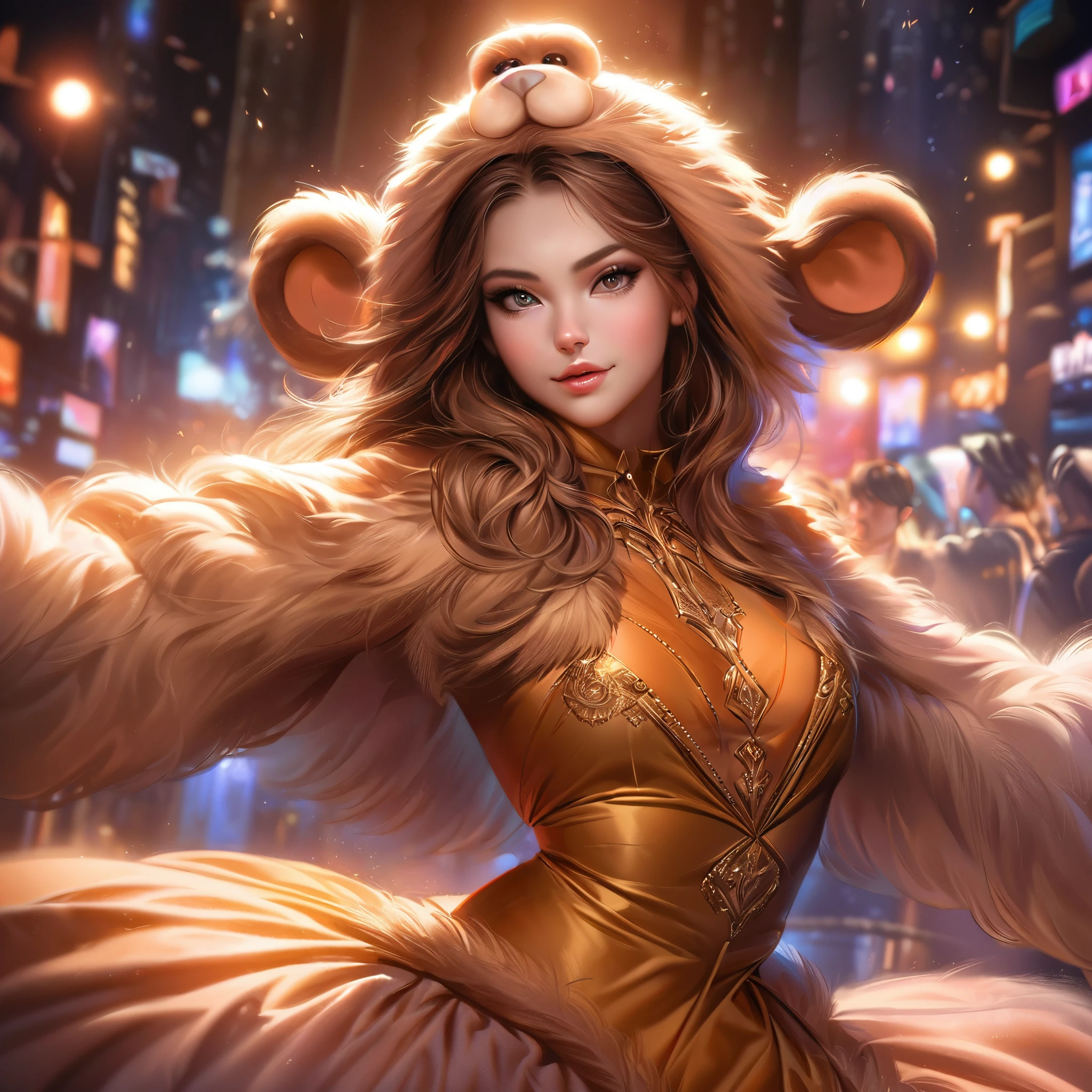 (best quality, highres, ultra-detailed, realistic:1.37), (photography, portraits), (colorful, vibrant), (dramatic lighting)
(Medium: photo-realistic painting)
Milana Aleksandrovna Vayntrub, age 25, dressed in a sexy little monkey costume, beautifully detailed with flowing fur and playful expression. Her eyes sparkle mischievously and her lips pout teasingly. The costume perfectly fits her slender figure as she dances around, acting foolish and entertaining the audience. The monkey costume is made of soft, shiny fabric with intricate details, highlighting its realism. The fabric shimmers in various tones of brown and gold, capturing the light in a lively manner. Milana's movements are graceful and energetic, evoking a sense of joy and laughter. Her body language radiates confidence and charisma. Her mesmerizing performance attracts the attention of a handsome man nearby.
The handsome man, dressed in stylish attire, is captivated by Milana's charm. He approaches her with a flirty smile, his gaze locked on her. His sharp features and well-groomed appearance enhance his attractiveness. As they interact, the tension between them builds, creating a sense of anticipation and excitement. The downtown surroundings add a touch of urban sophistication, with modern buildings towering in the background and vibrant city lights illuminating the scene. The atmosphere is filled with vibrant energy and the hustle and bustle of city life.
The lighting accentuates the emotions and creates a dramatic ambiance. Soft, warm light bathes their faces, highlighting their features and adding depth to their expressions. Shadows play across the scene, adding a touch of mystery and intrigue. The colors in the image are rich and dynamic, with a careful balance between warm and cool tones. The overall effect is visually stunning, drawing the viewer into the captivating moment shared by Milana and the handsome man.
This prompt will generate a high-quality, ultra-detailed, and realistic image depicti