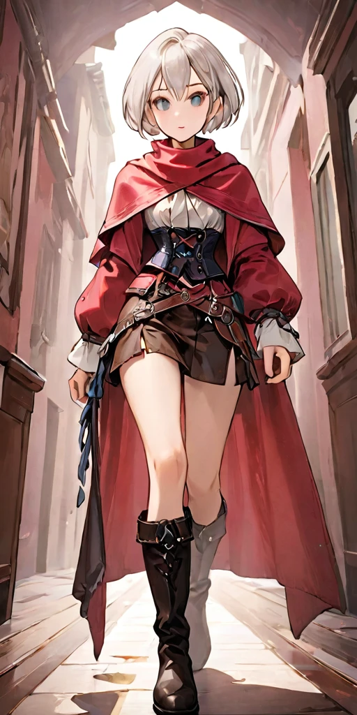 female adventurer white silver short bob hair cut, full body, game art style, (masterpiece), colorful clothing, scarves, leather belts, half skirt over pants and boots, flowing blouse and leather corset, best quality, highres, 4k, 8k, Detailed Illustration, intricate detail, cinematic lighting, amazing quality, 1girl, fit female, amazing shading, soft lighting, facing camera, perfect eyes, love hotel background, pink bedroom