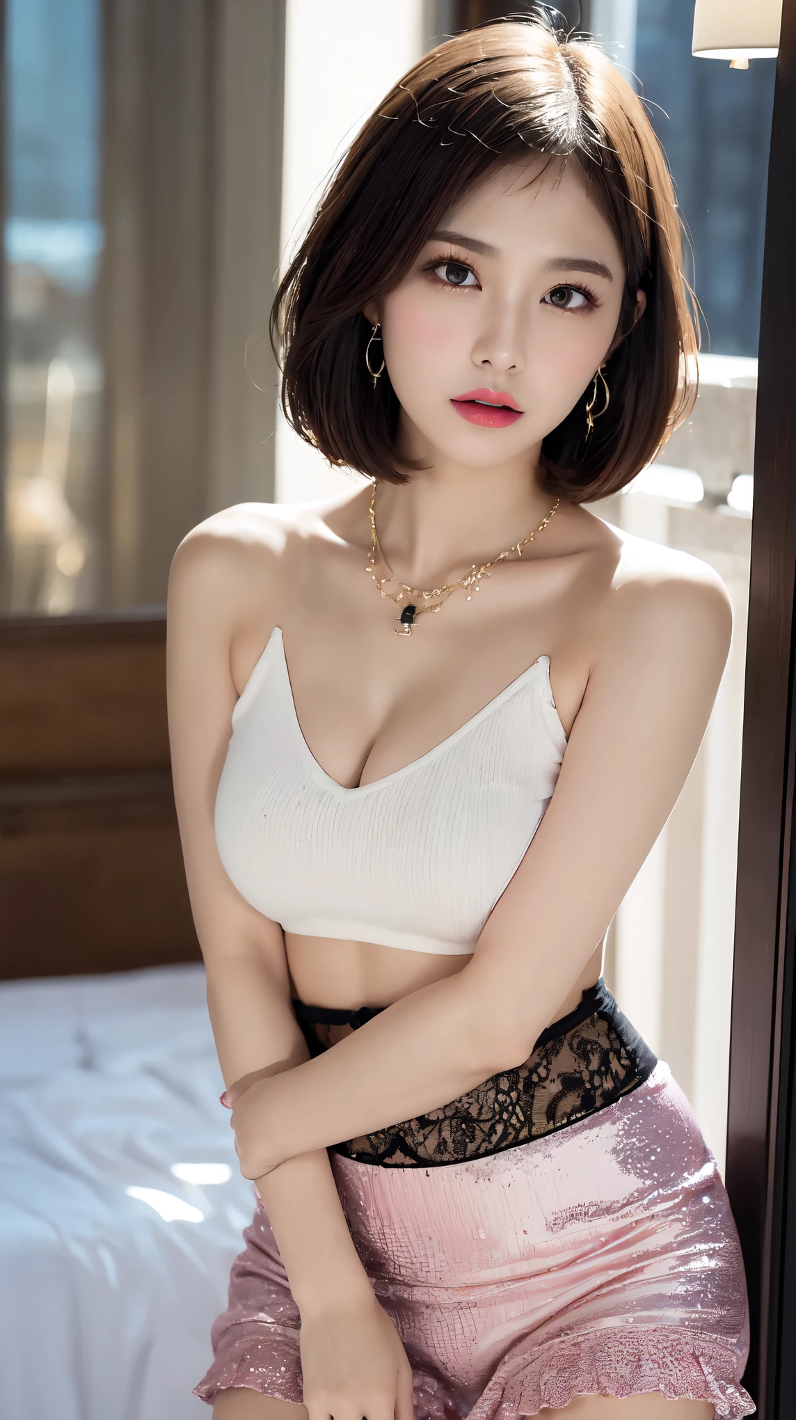 City of night, 1 female, A flashy Japanese gal, 20-year-old, ,((Completely naked)),((No clothes)),Double Eyes,mile, Detailed face, big ring earrings，Ring-shaped bracelet, Fancy large necklace, Rich purple eyeshadow, Flashy glitter makeup，Long False Eyelashes, Thick eyeliner, ((Short Bob:1.5))，Flashy Nails, fine grain, ((Gal clothes:1.5)), Slender proportions,Flat , Small ,  pose, Official Art，Highly detailed CG Unity 8k wallpaper, (masterpiece:1.0),(highest quality:1.0), photo shoot, 8k, Browsing Caution, High resolution, Kodak Portrait 400, Film Grain, Lens flare brilliance,Very low camera angle, View your audience