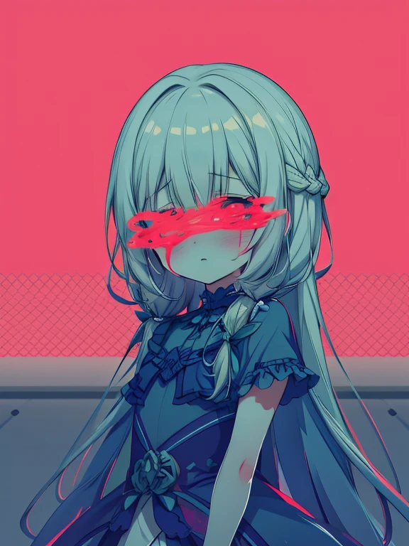 (ultra-intricate pupil in eyes, shiny eyes), long eyelashes, double eyelids, parted lips, kawaii, cute, , slender, (ultra delicate and beautiful skin), , perfect anatomy, dynamic angle, BREAK (masterpiece, best quality), (ultra-detailed 8K), (perfect design), absurdres, highres, ((blush)), (super fine illustration), (((((light blue long hair))))), , long hair ((blush)), masterpiece, best quality, (amazing,blunt bangs),((( 1 girl))),flat chest,
simple back, cinematic、Blood on a white dress、have a big machete