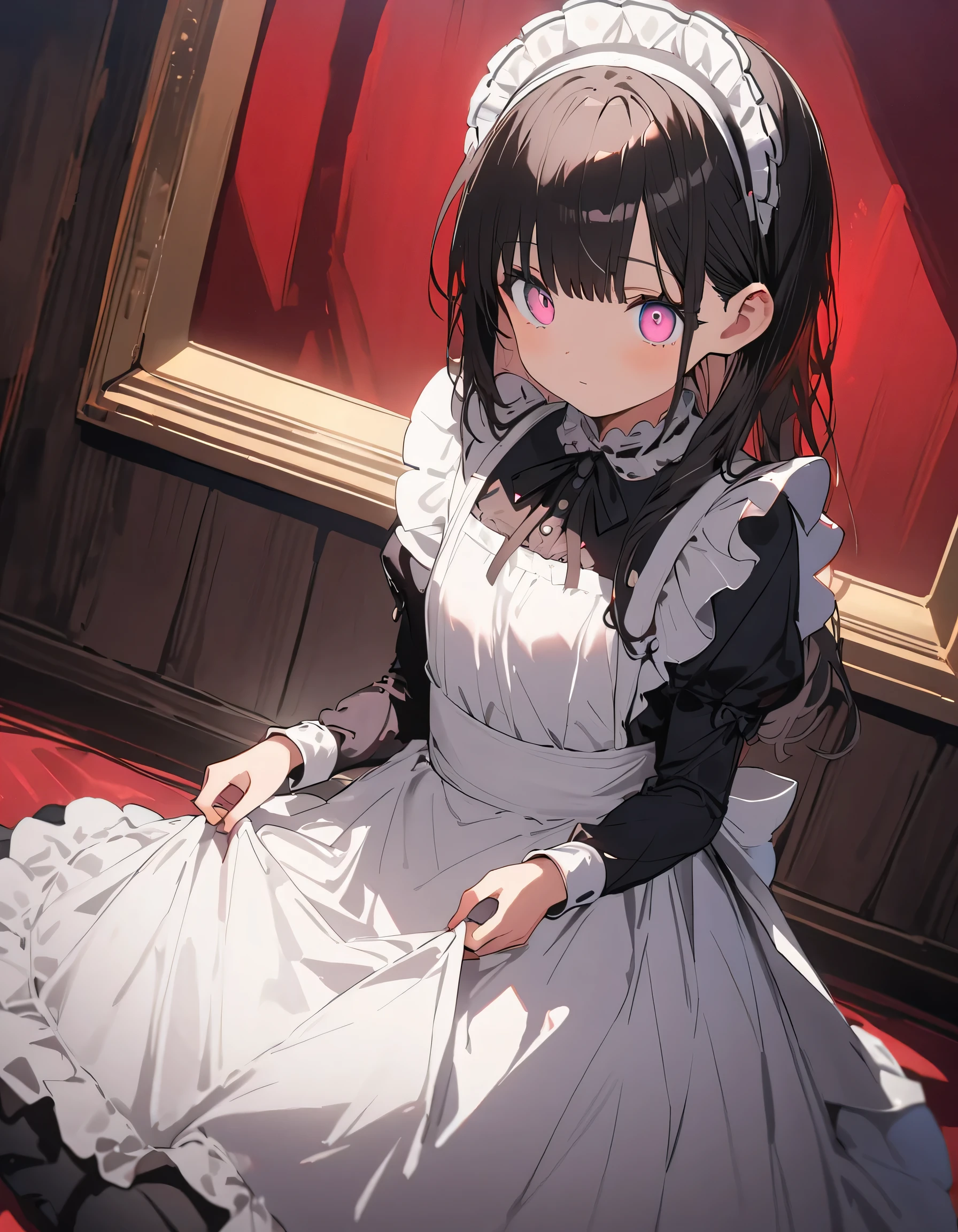 Long black hair , Wearing a maid outfit, Kneel, Preparing for afternoon tea, Cute 2D, background backlightHD 、(highest quality、masterpiece、High resolution、detailed)、anime style、Flat Style、(Shining Eyes、Beautiful Face), BREAK,1 girl、extremely detailed、(The Shining), Best lighting, Best Shadow、High saturation,Dynamic Angle、anime