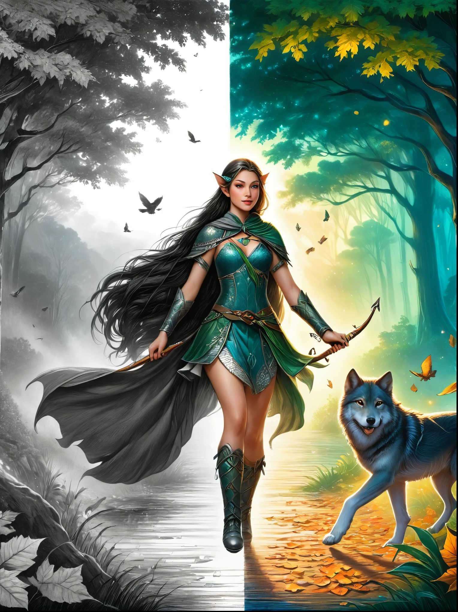 1hbgd1, An elven ranger draws a gleaming turquoise bow, Autumn braids and capes flying in the wind, The intricate leaf-shaped armor glitters in the mysterious forest mist behind her, A wolf stood firmly beside her, Get ready for adventure, Dynamic fantasy scenery, Radiant lighting, The artwork should transition from a pencil drawing style in black and white on the left half to vibrant colors on the right half, Ensure a seamless integration between the two halves without any dividing line, The scene is identical on both sides, with the left side featuring detailed black and white pencil strokes and the right side filled with colors, creating a harmonious blend across the image