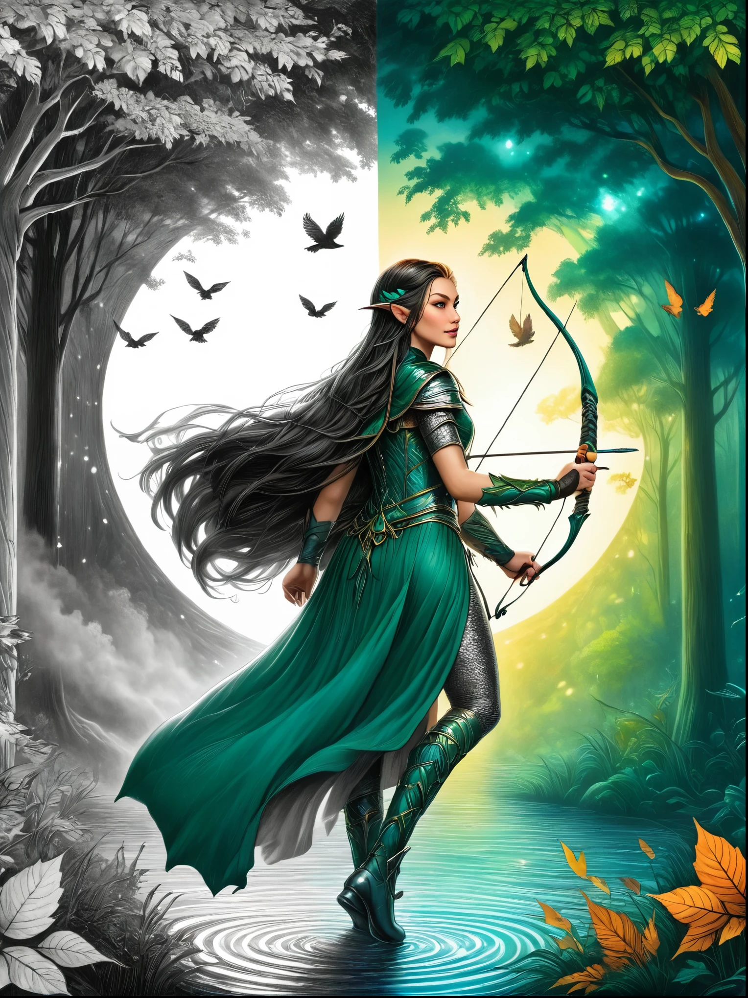 1hbgd1, An elven ranger draws a gleaming turquoise bow, Autumn braids and capes flying in the wind, The intricate leaf-shaped armor glitters in the mysterious forest mist behind her, A wolf stood firmly beside her, Get ready for adventure, Dynamic fantasy scenery, Radiant lighting, The artwork should transition from a pencil drawing style in black and white on the left half to vibrant colors on the right half, Ensure a seamless integration between the two halves without any dividing line, The scene is identical on both sides, with the left side featuring detailed black and white pencil strokes and the right side filled with colors, creating a harmonious blend across the image