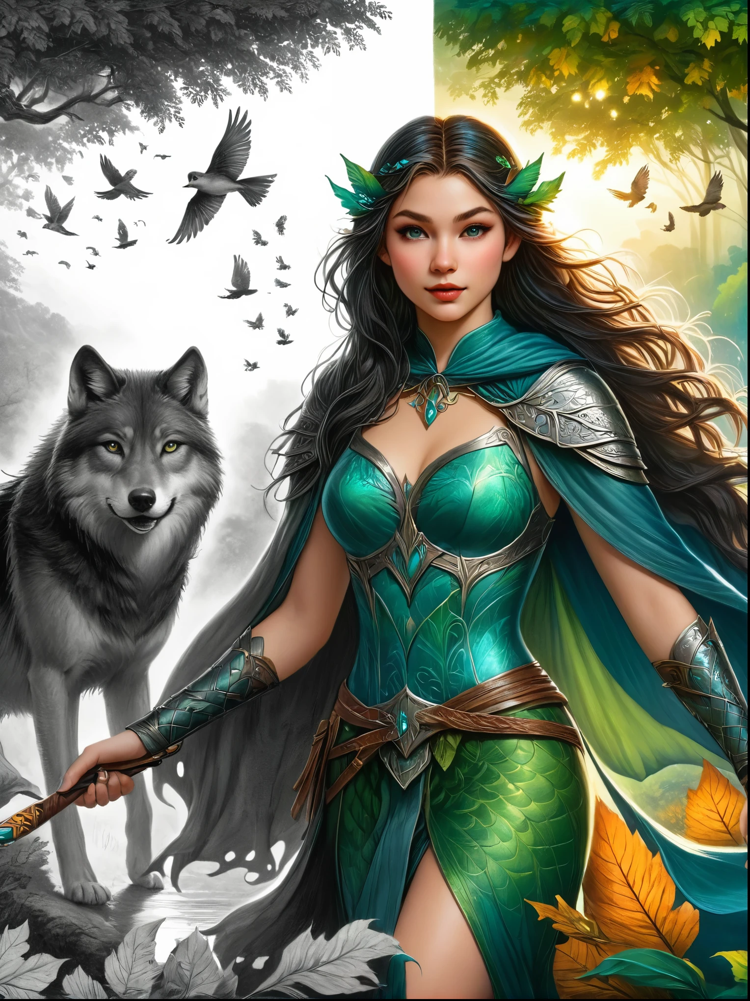 1hbgd1, An elven ranger draws a gleaming turquoise bow, Autumn braids and capes flying in the wind, The intricate leaf-shaped armor glitters in the mysterious forest mist behind her, A wolf stood firmly beside her, Get ready for adventure, Dynamic fantasy scenery, Radiant lighting, The artwork should transition from a pencil drawing style in black and white on the left half to vibrant colors on the right half, Ensure a seamless integration between the two halves without any dividing line, The scene is identical on both sides, with the left side featuring detailed black and white pencil strokes and the right side filled with colors, creating a harmonious blend across the image