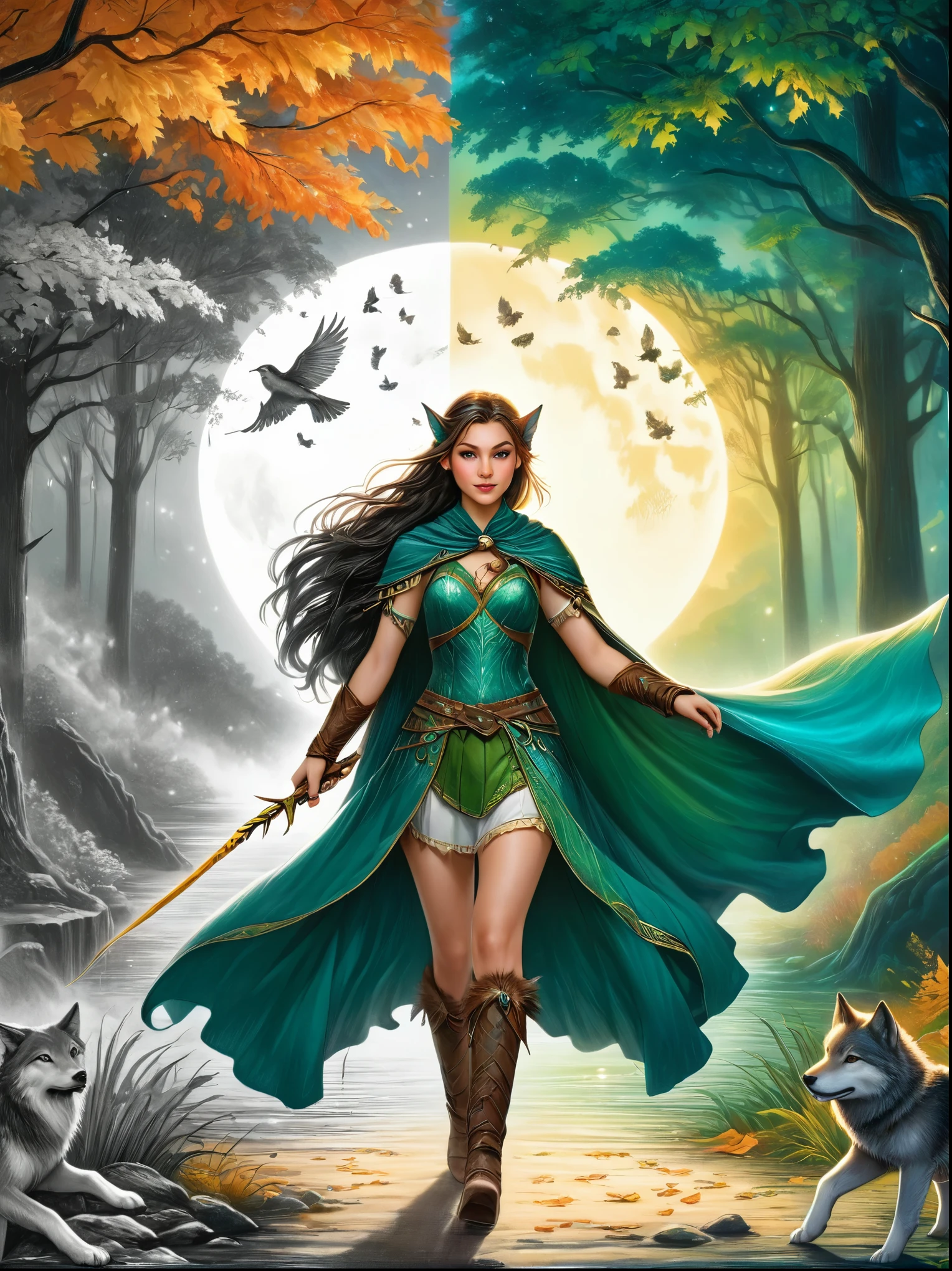 1hbgd1, An elven ranger draws a gleaming turquoise bow, Autumn braids and capes flying in the wind, The intricate leaf-shaped armor glitters in the mysterious forest mist behind her, A wolf stood firmly beside her, Get ready for adventure, Dynamic fantasy scenery, Radiant lighting, The artwork should transition from a pencil drawing style in black and white on the left half to vibrant colors on the right half, Ensure a seamless integration between the two halves without any dividing line, The scene is identical on both sides, with the left side featuring detailed black and white pencil strokes and the right side filled with colors, creating a harmonious blend across the image