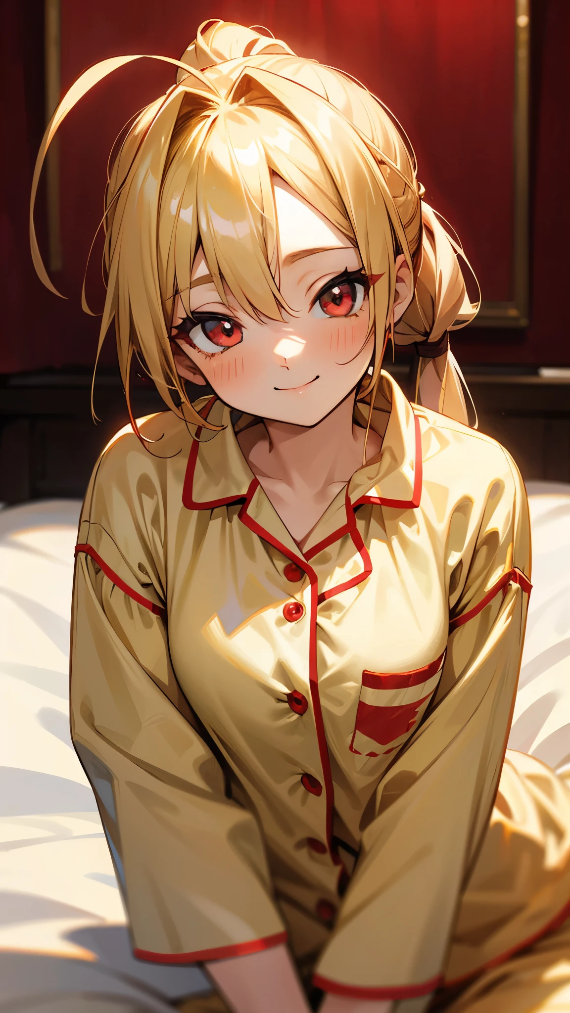 18-year-old girl sitting on bed、alone、Anime style painting、Wearing pajamas、Blonde ponytail、Ahoge、Beautiful red eyes、smile、smile、The soft texture of pajamas、Upper body close-up、Red and yellow based colors、Background Blur、Depth of the drawn border