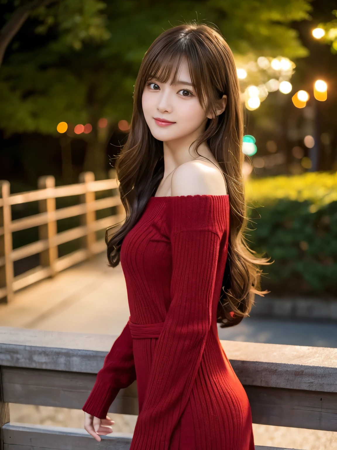 masterpiece, 1 beautiful girl, Detailed eyes, Puffy eyes, highest quality, 超A High resolution, (Realistic : 1.4), Cinema Lighting, Japanese, Asian Beauty, Super Beauty, Beautiful Skin, Slender, (超Realisticな), (High resolution), (8k), (High resolution), (Beautiful and detailed eyes), (Super detailed), (wallpaper)、Detailed face, Bright lighting, Professional Lighting, View Art, (The costume is a red knit dress), Long Hair, My hair is messy, Asymmetrical bangs, Night Scenery, Brown Hair, Japan is an idol, Korean Idols, Gravure idol pose, 23 years old, expensive, smile, Flower park scenery at dusk, ((Front facing body position)),

