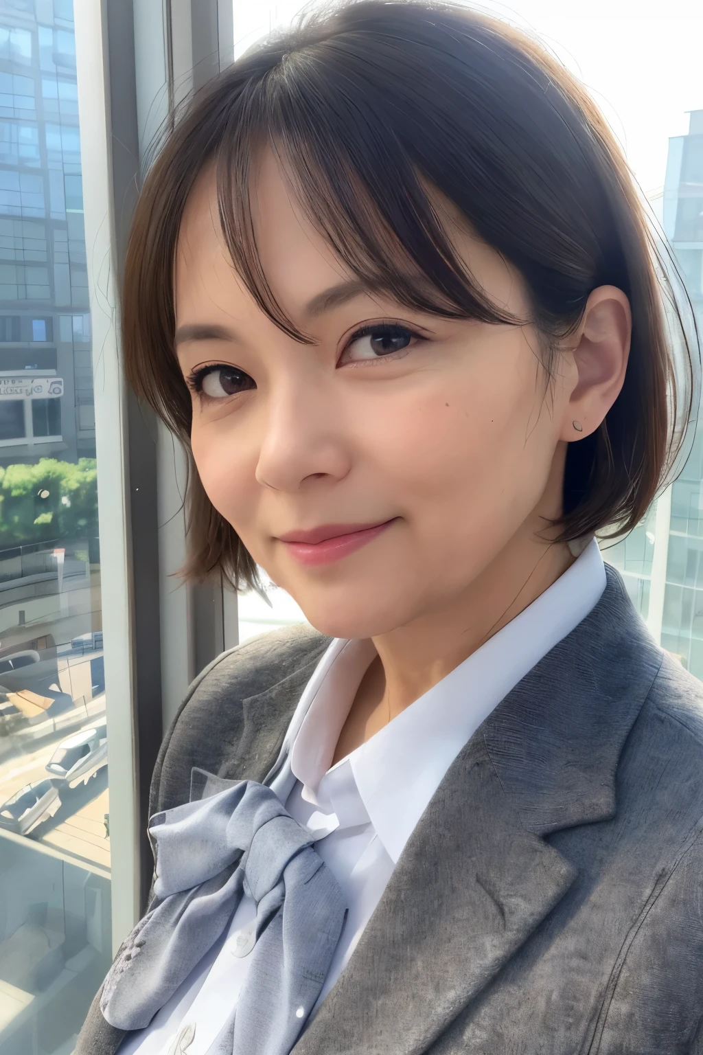 One girl, Mature Woman, Best, bow, photograph, Realistic, highest quality, employment, Detailed face, office, Building seen from the window, Detailed Background, Diffused sunlight, Depth of written boundary, Bokeh