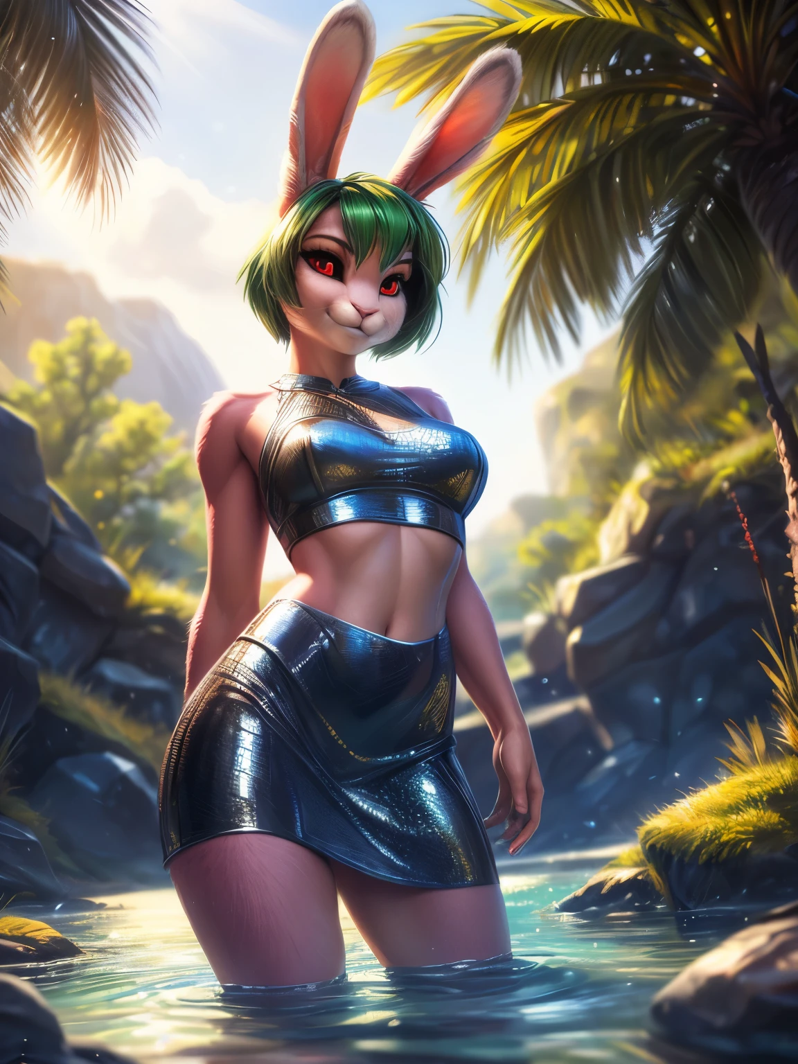 (by pixelsketcher:0.6), (by personalami :0.6), solo, ,female,rabbit, detailed background, (cinematic lighting:1.1), (perfect focus:1.1), 8k hd, photo, (detailed eyes:1.2),depth of field, bokeh, subsurface scattering, perfect breasts, wide angle,(metallic crop top, metallic mini dress),bright colors, (furry detail:1.3),detailed background, wilderness background, realistic, photorealistic, ultra realistic,natural landscape, sky with clouds, sunny day, ((floating water, 2000s style windows wallpaper)),(tail,short tail),smile, ((Green hair, short hair)),((Pink skin, pink fur)),((rabbit tail)), two skin tone,((Rabbit ears,Pink bunny ears)),(((Black Sclera:1.5, red eyes))),