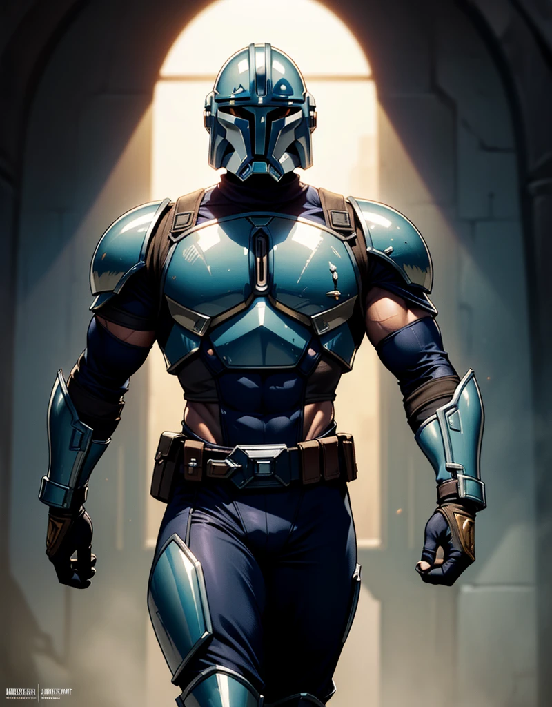 Muscular mature male Djin Djarin, aged 40,Solo,Slag,Well-developed muscles, vast Djin Djarin pecs, Wide shoulders, slim waist, Thick-breasted,Huge crotch long bulge,tight Mandalorian beskar uniform, slim waist, Djin Djarin waist, Stand up, full bodyesbian, confident look, Mandalorian silver beskar helmet features, Ultra-realistic photo style, High- sharpness, cinematic light, intricately lens flares details.