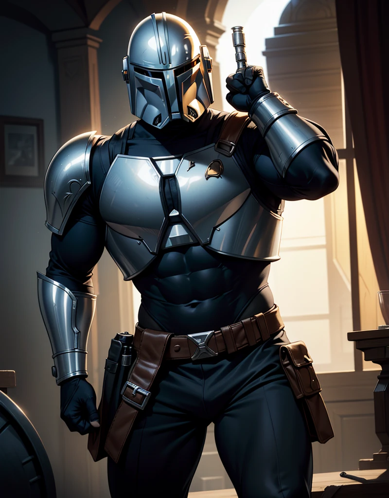 Muscular mature male Djin Djarin, aged 40，Solo,Slag，Well-developed muscles, vast Djin Djarin pecs, Wide shoulders, slim waist, Thick-breasted，Huge crotch long bulge，tight Mandalorian beskar uniform, slim waist, Djin Djarin waist, Stand up, full bodyesbian, confident look, Mandalorian silver beskar helmet features, Ultra-realistic photo style, High- sharpness, cinematic light, intricately lens flares details.