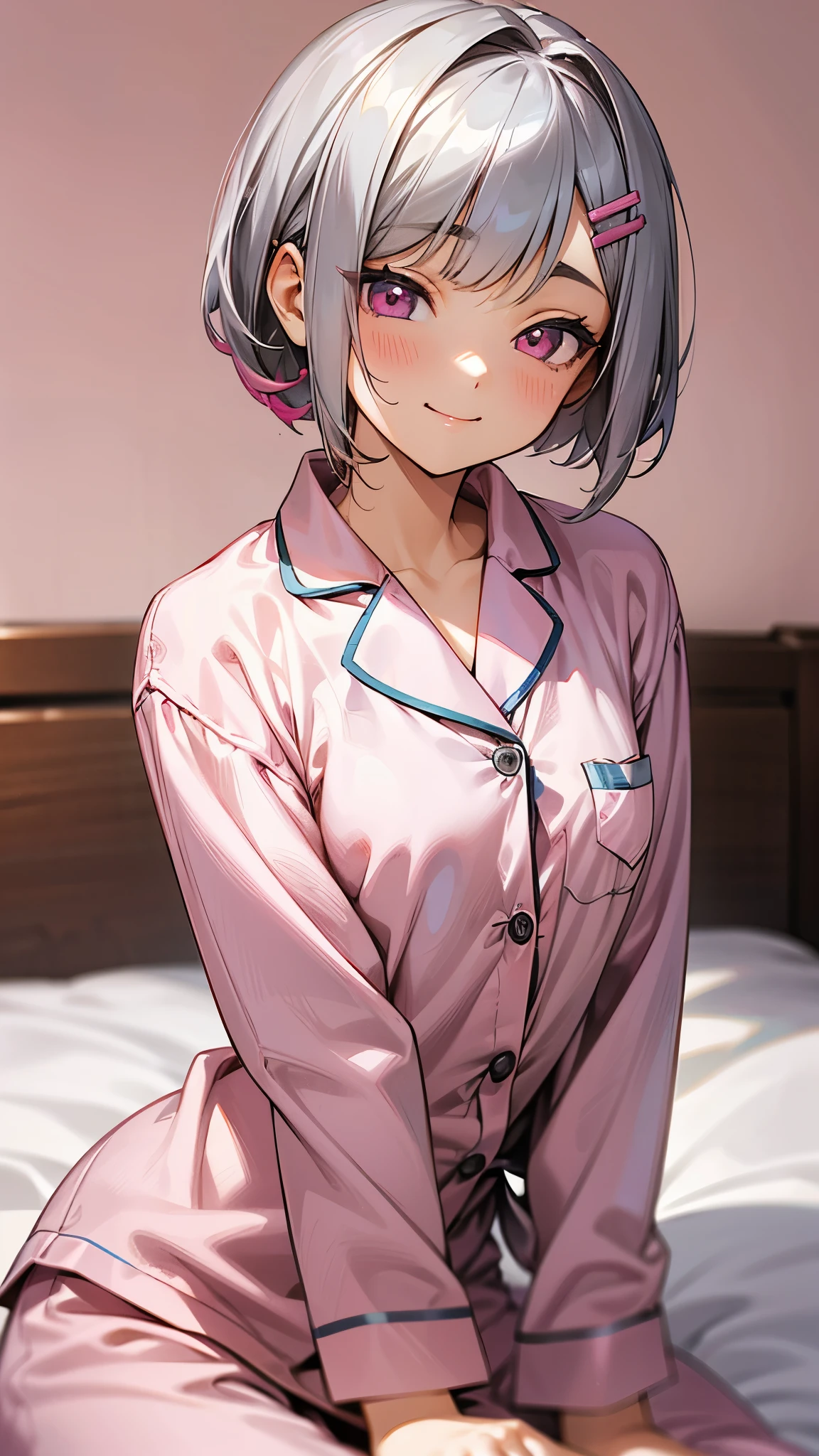 17 year old girl sitting on bed、solo、Anime-style paintings、Wearing pajamas、Silver and bob short hairstyle、Tie your hair up with a hair clip、Pink Eyes、smile、smile、The soft texture of pajamas、Upper body close-up、Grey and pink colour scheme、Background blur、The depth of the drawn boundaries