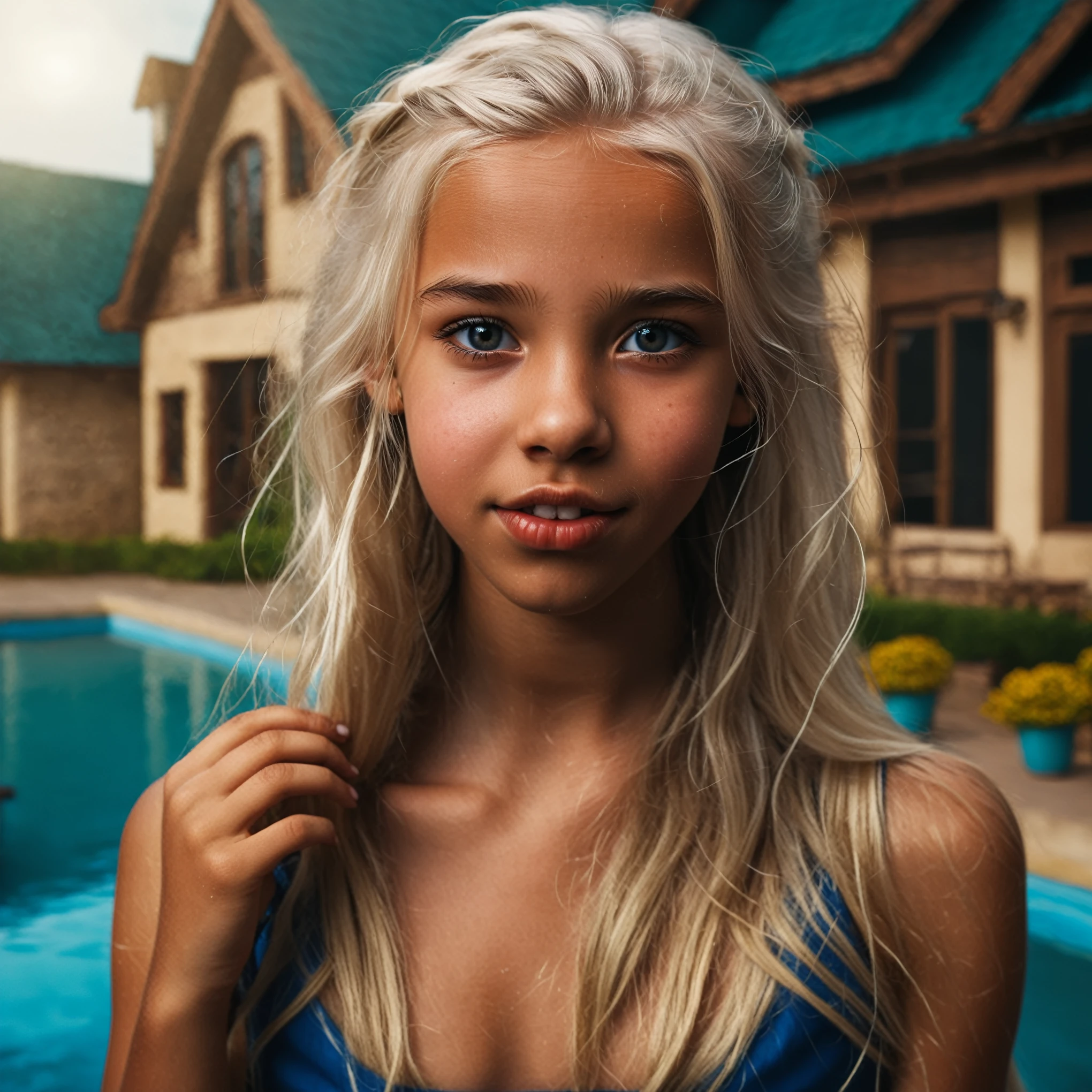 Infamous white blonde young girl kid, 13 years, extremely very dark skin, perfect real skin texture, long hair, wearing dress, perfect real mouth, perfect real symmetrical eyes, perfect real expressive face, same skin color perfect match, cinematic filter masterpiece raw scenario wallpaper cover, oiled face, realistic cartoon