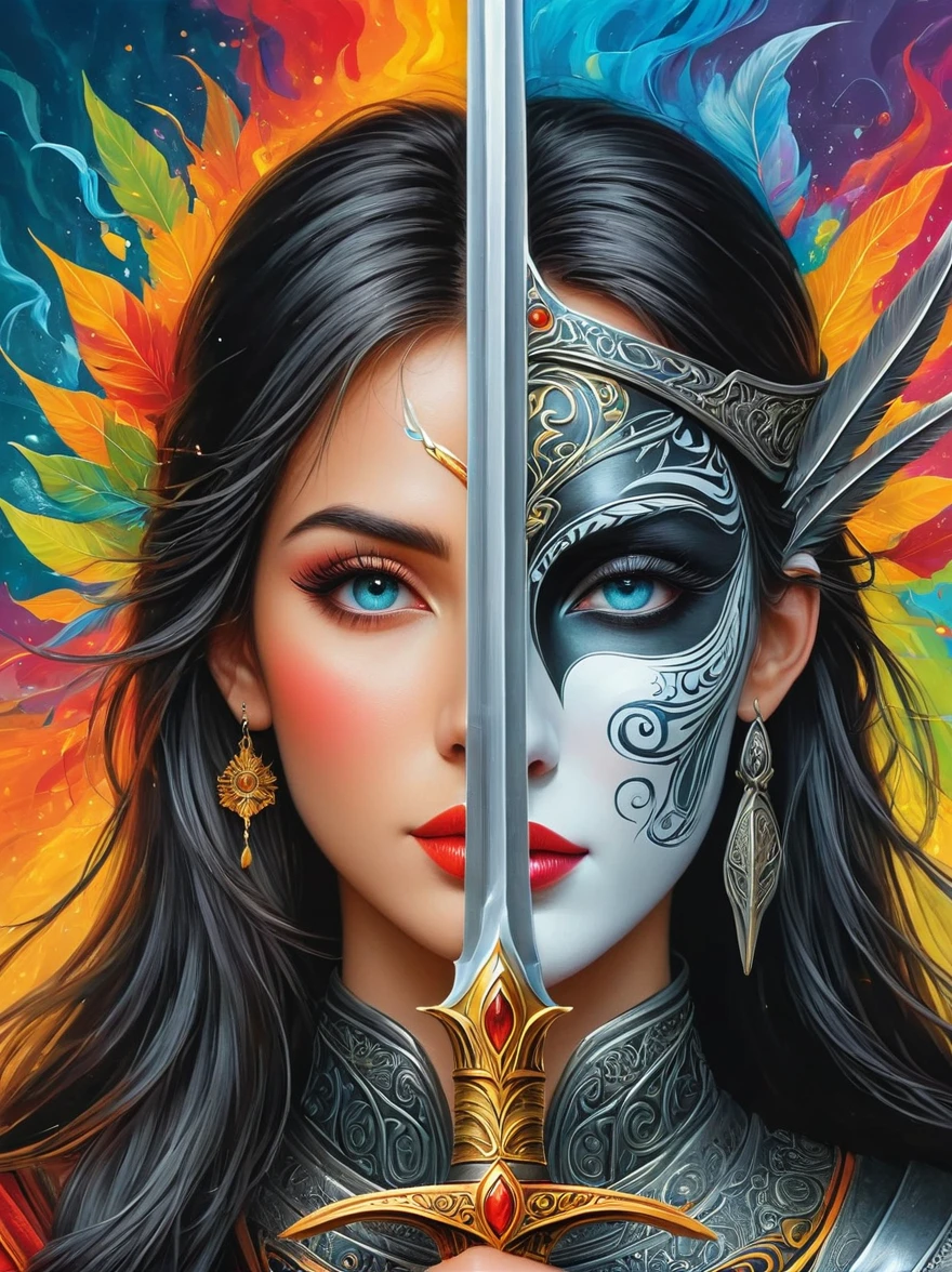 1hbgd1, (The left half of the face is Sauron, The right half is Ptolemy:1.25), excellent quality, Detailed background, The art of math, Double-edged sword，Double-edged sword, (The artwork should transition from a pencil drawing style in black and white on the left half to vibrant colors on the right half, Ensure a seamless integration between the two halves without any dividing line, The scene is identical on both sides, with the left side featuring detailed black and white pencil strokes and the right side filled with colors, creating a harmonious blend across the image)