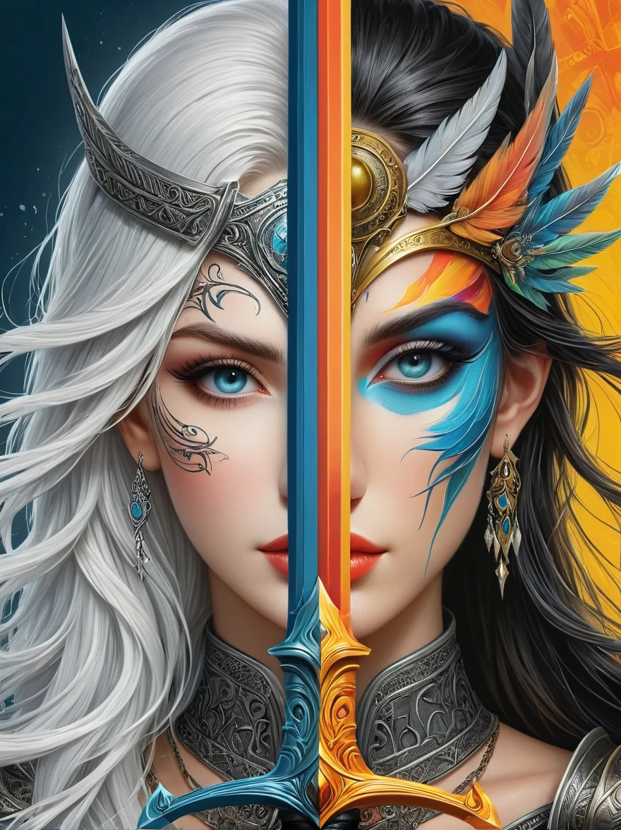 1hbgd1, (The left half of the face is Sauron, The right half is Ptolemy:1.25), excellent quality, Detailed background, The art of math, Double-edged sword，Double-edged sword, (The artwork should transition from a pencil drawing style in black and white on the left half to vibrant colors on the right half, Ensure a seamless integration between the two halves without any dividing line, The scene is identical on both sides, with the left side featuring detailed black and white pencil strokes and the right side filled with colors, creating a harmonious blend across the image)