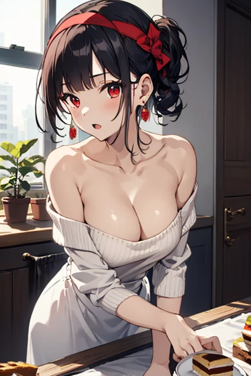 masterpiece, 1girl, Amazing Cleavage:1.3, thin waist, big ass, Raised sexy, medium breast:1.3,posed cleavage:1.2,solo, looking at viewer, open mouth, have a cup of coffee,black hair, red eyes, dress, bare shoulders, jewelry, collarbone, sidelocks, hairband, earrings, indoors, off shoulder, :o, sweater, arms behind back, plant, short hair with long locks, white hairband, off-shoulder dress, sweater dress, off-shoulder sweater, red sweater, big side hair, very long side hair,is rendered in (masterpiece: 1.2, best quality), with (ultra high resolution) and an exquisite (depth of field). This masterpiece is not only visually stunning but also tells, make of cooking some cakes ,in the kitchen